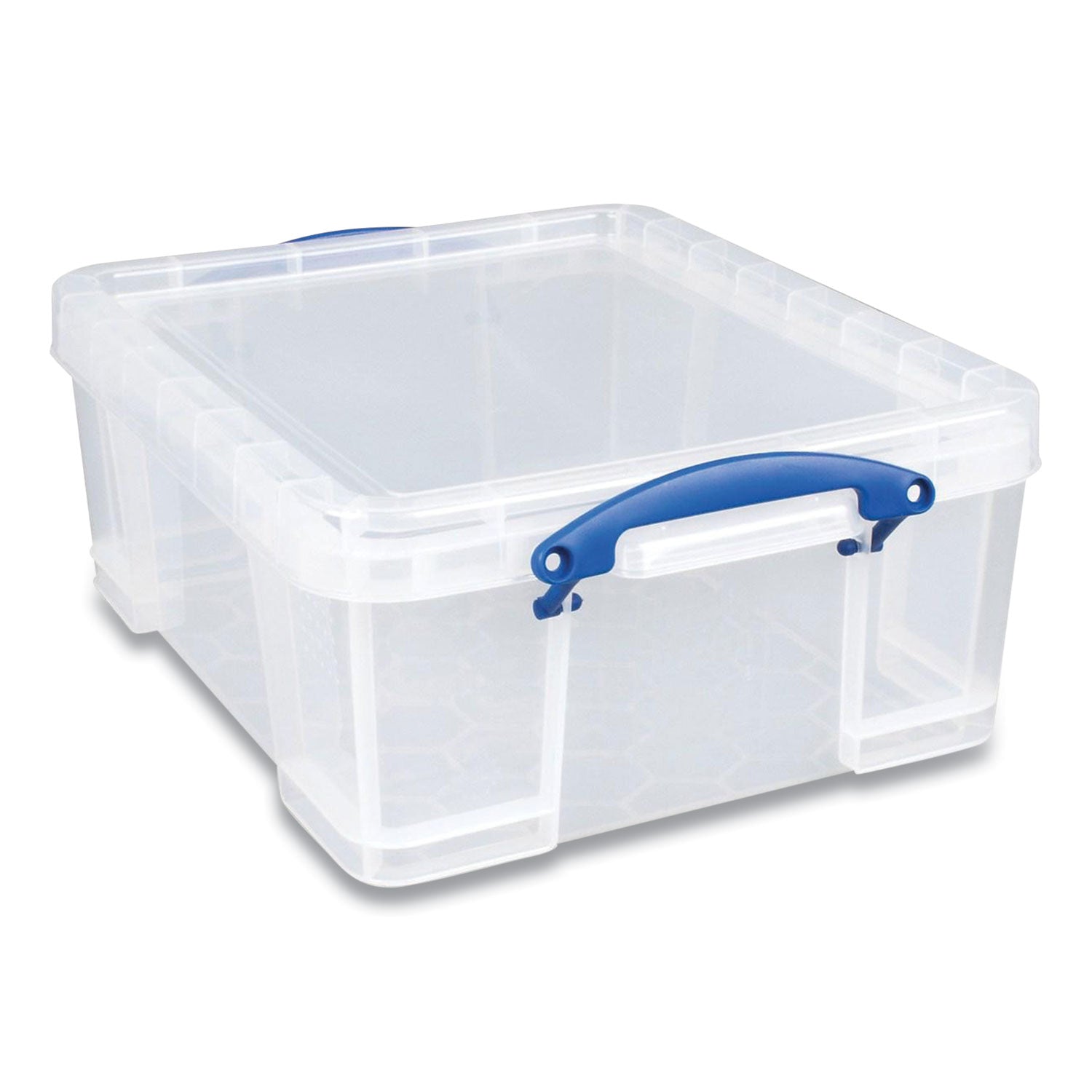Really Useful Box® Snap-Lid Storage Bin, 4.49 Gal, 11" X 18" X 4", Clear/blue, 4/pack