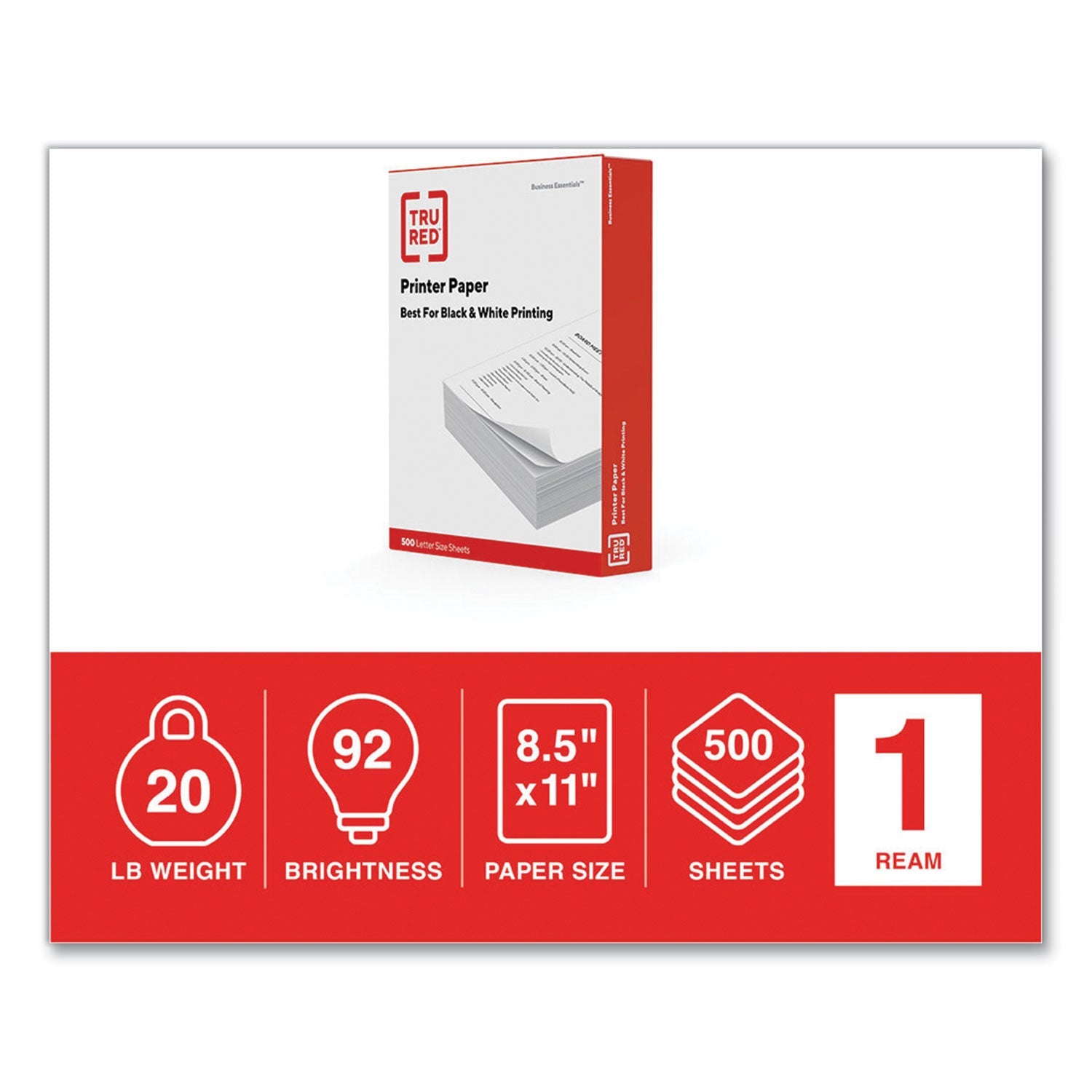 TRU RED™ Printer Paper, 92 Bright, 20 lb Bond Weight, 8.5 x 11, 500 Sheets/Ream