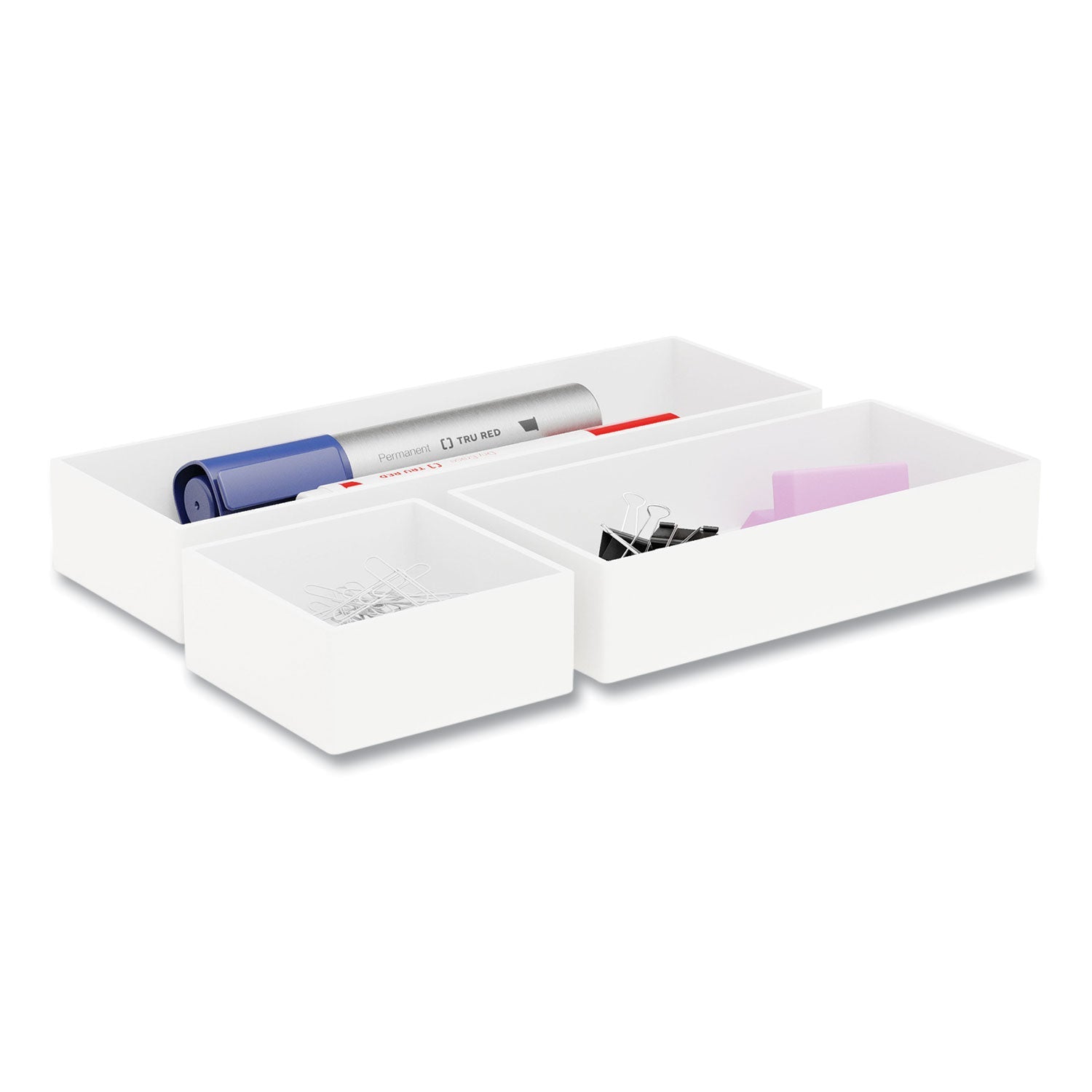 TRU RED™ Three-Piece Plastic Drawer Organizer, 3.23 X 3.23 X 1.47, 6.26 X 3.23 X 1.47, 9.5 X 3.23 X 1.47, White, 3/set