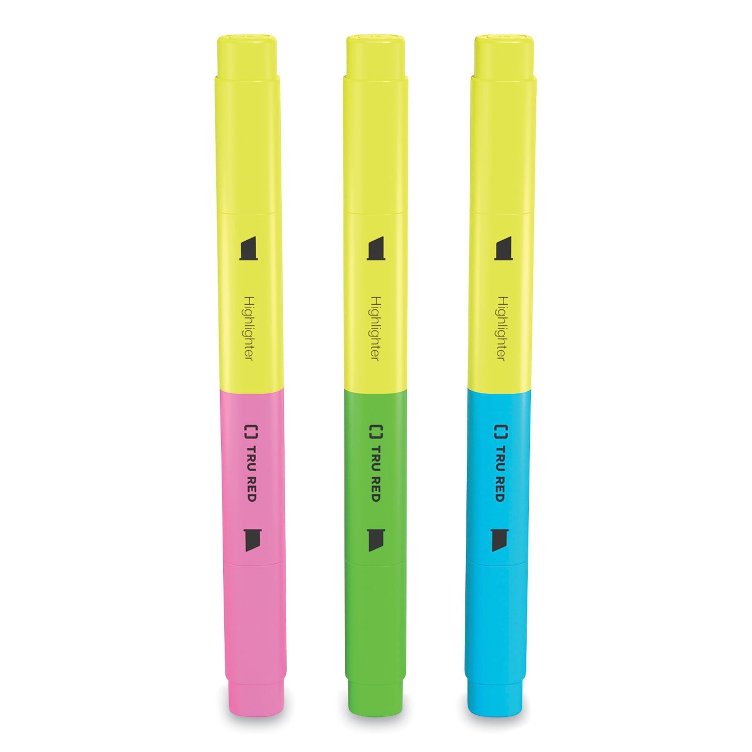 TRU RED™ Tank Style Twin Tip Highlighters, Assorted Ink Colors, Chisel Tip, Assorted Barrel Colors, 3/pack