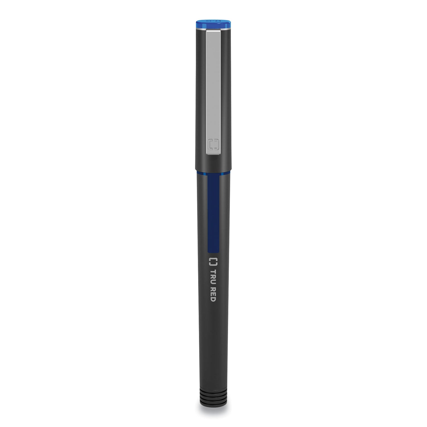 TRU RED™ Rollerball Pen, Stick, Fine 0.5 mm, Blue Ink, Black/Blue/Clear Barrel, Dozen