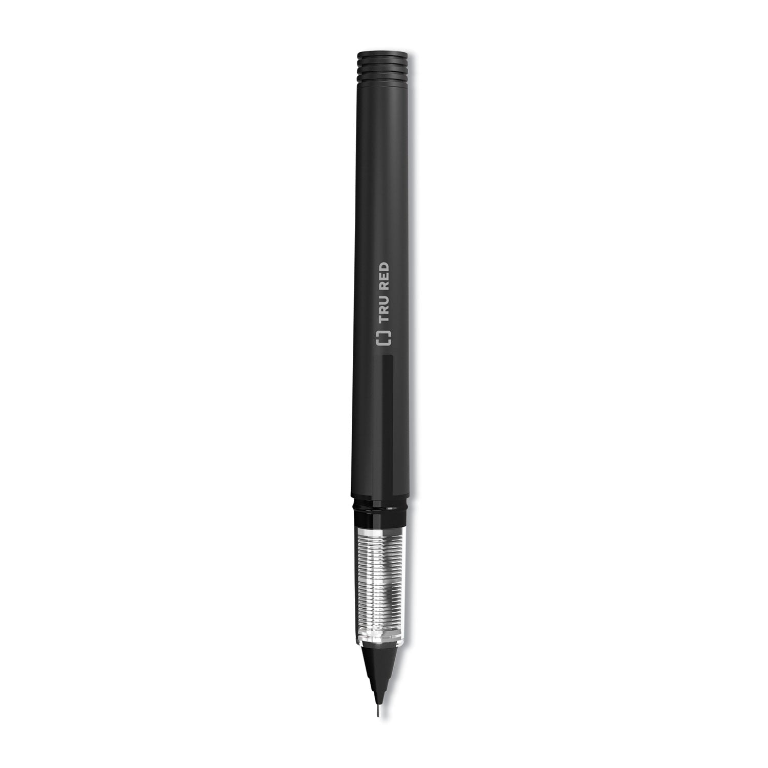 TRU RED™ Rollerball Pen, Stick, Fine 0.5 mm, Black Ink, Black/Clear Barrel, Dozen