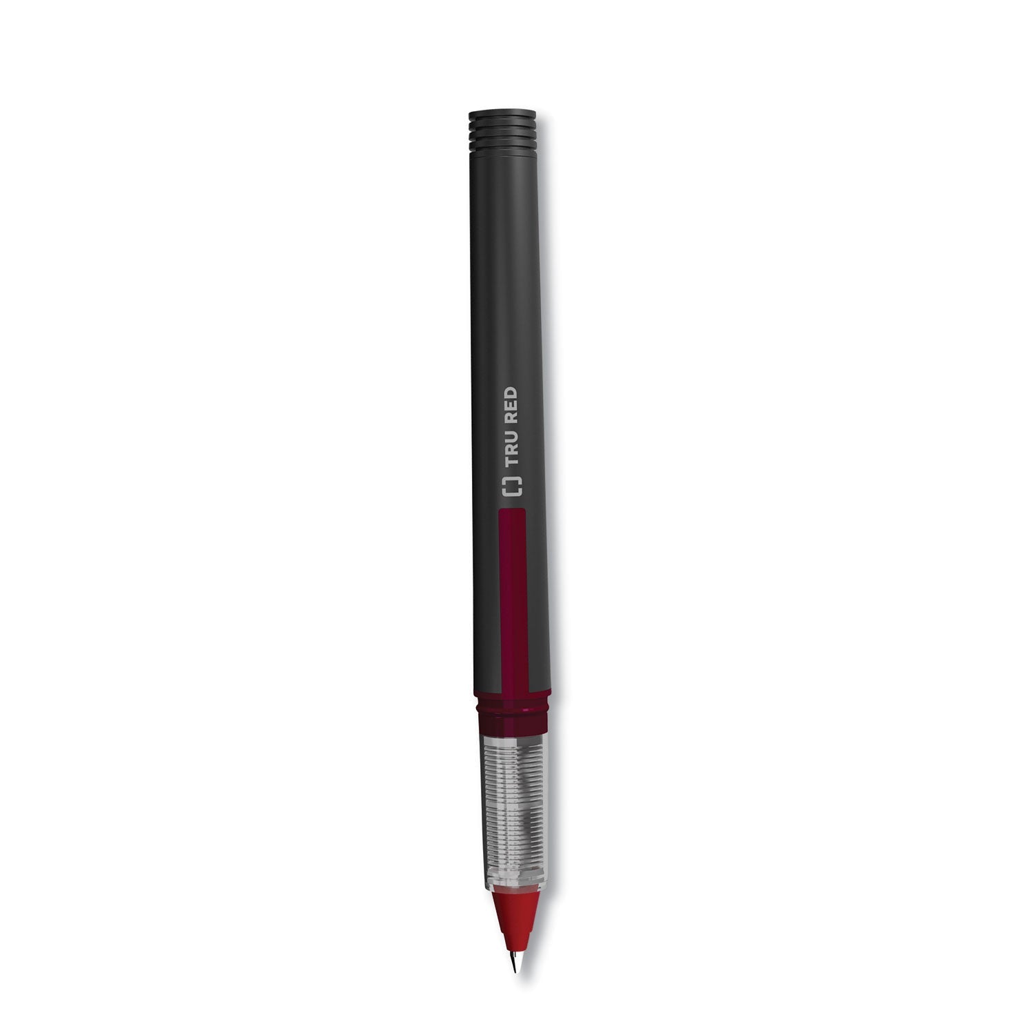 TRU RED™ Rollerball Pen, Stick, Fine 0.5 mm, Red Ink, Black/Red/Clear Barrel, Dozen