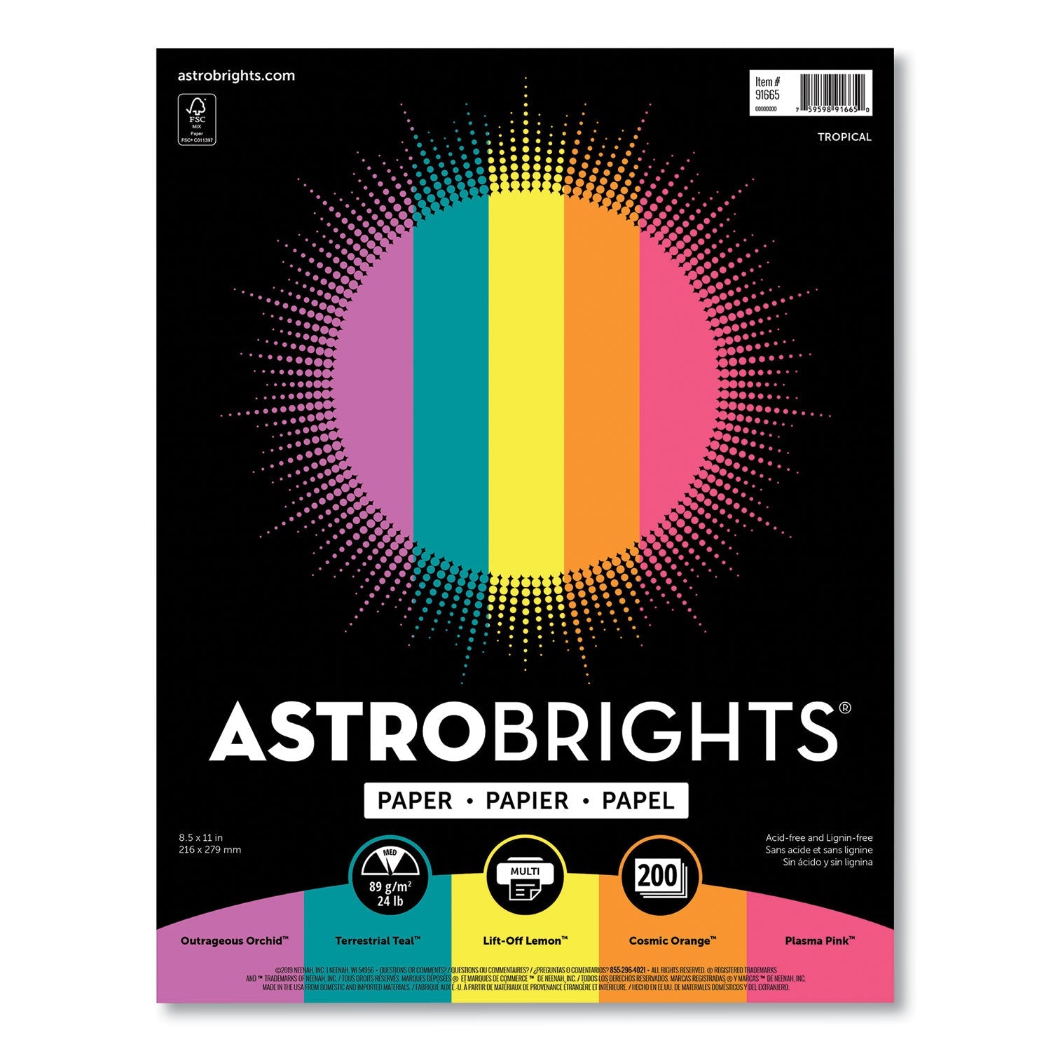 Astrobrights® Color Paper - "Tropical" Assortment, 24 lb Bond Weight, 8.5 x 11, Assorted Tropical Colors, 500/Ream