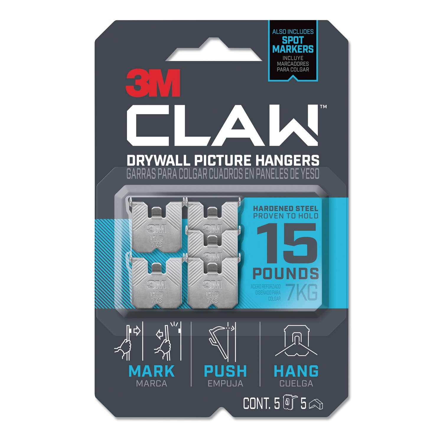 3M™ Claw Drywall Picture Hanger, Stainless Steel, 15 lb Capacity, 5 Hooks and 5 Spot Markers