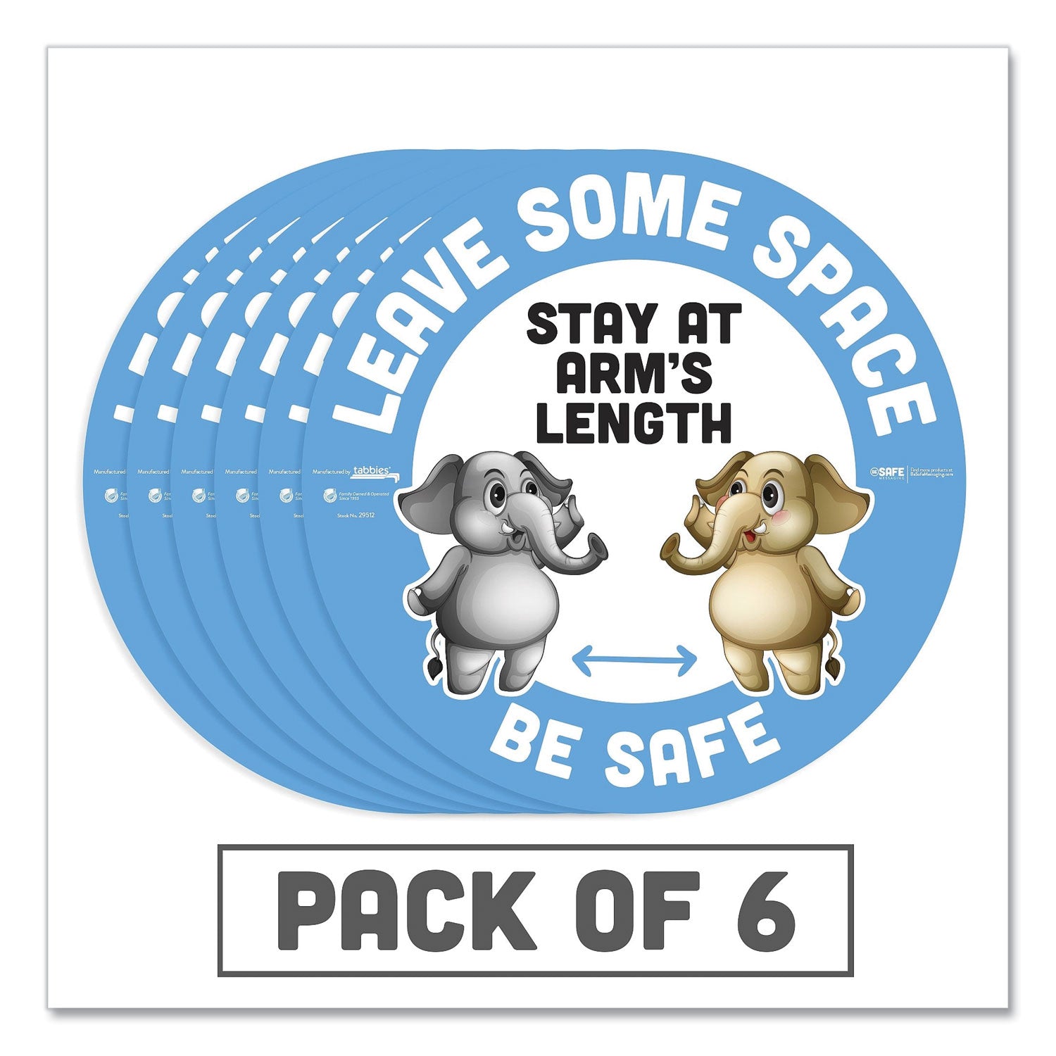 Tabbies® Besafe Messaging Education Floor Signs, Leave Some Space; Stay At Arms Length; Be Safe, 12" Dia, White/blue, 6/pack
