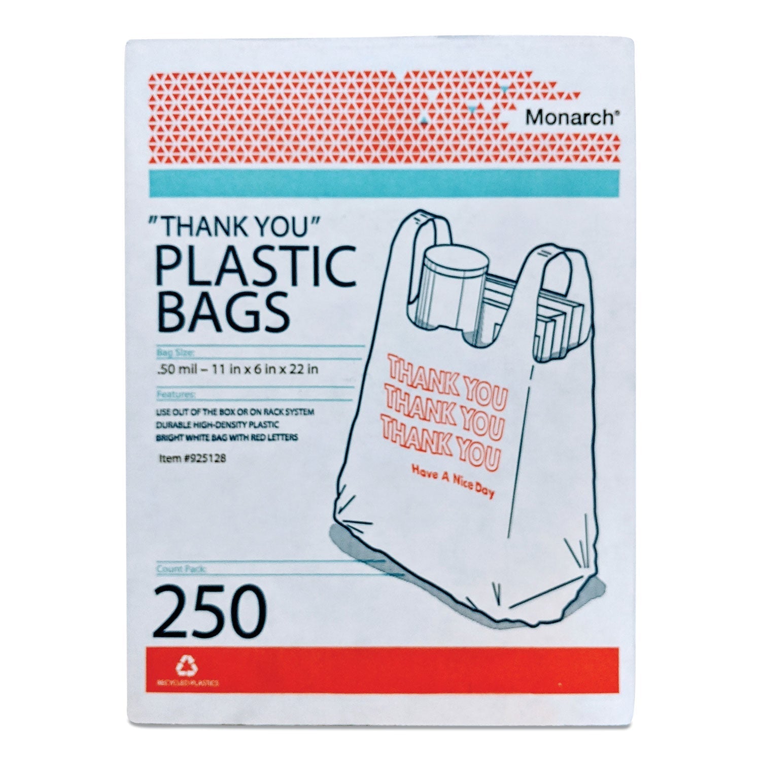Monarch® Plastic "Thank You - Have a Nice Day" Shopping Bags, Cut-Out Handles, 11.5" x 6.5" x 22", White/Red, 250/Box