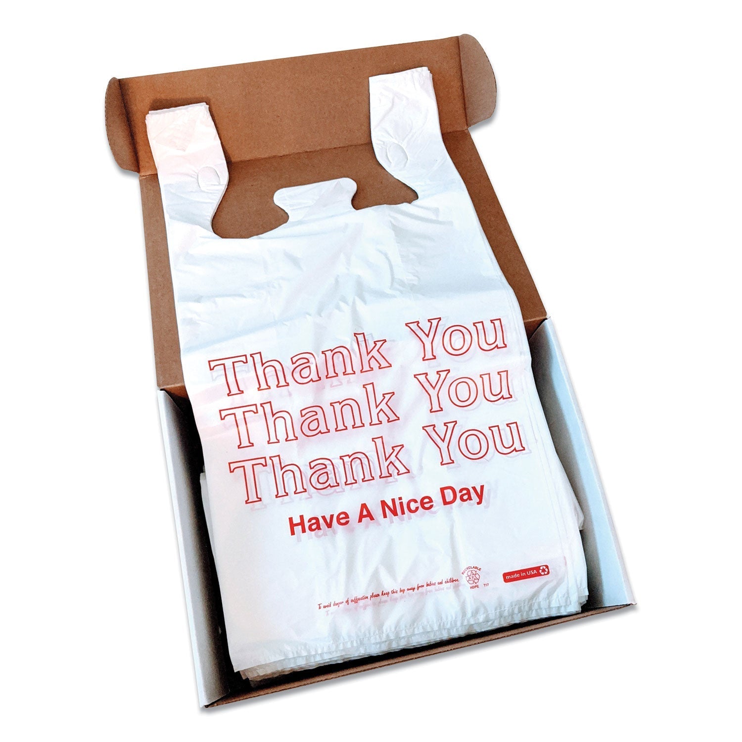Monarch® Plastic "Thank You - Have a Nice Day" Shopping Bags, Cut-Out Handles, 11.5" x 6.5" x 22", White/Red, 250/Box