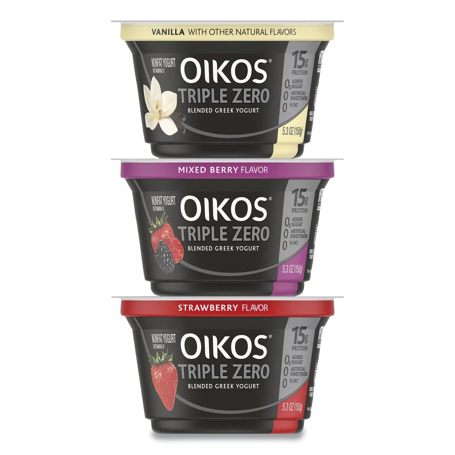 OIKOS® Triple Zero Blended Greek Nonfat Yogurt, 5.3 oz, Strawberry/Mixed Berry/Vanilla, 18/Carton - Bloom Skins