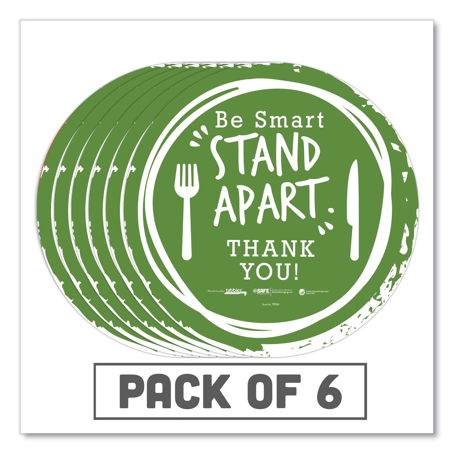 Tabbies® Besafe Messaging Floor Decals, Be Smart Stand Apart; Knife/fork; Thank You, 12" Dia., Green/white, 6/carton