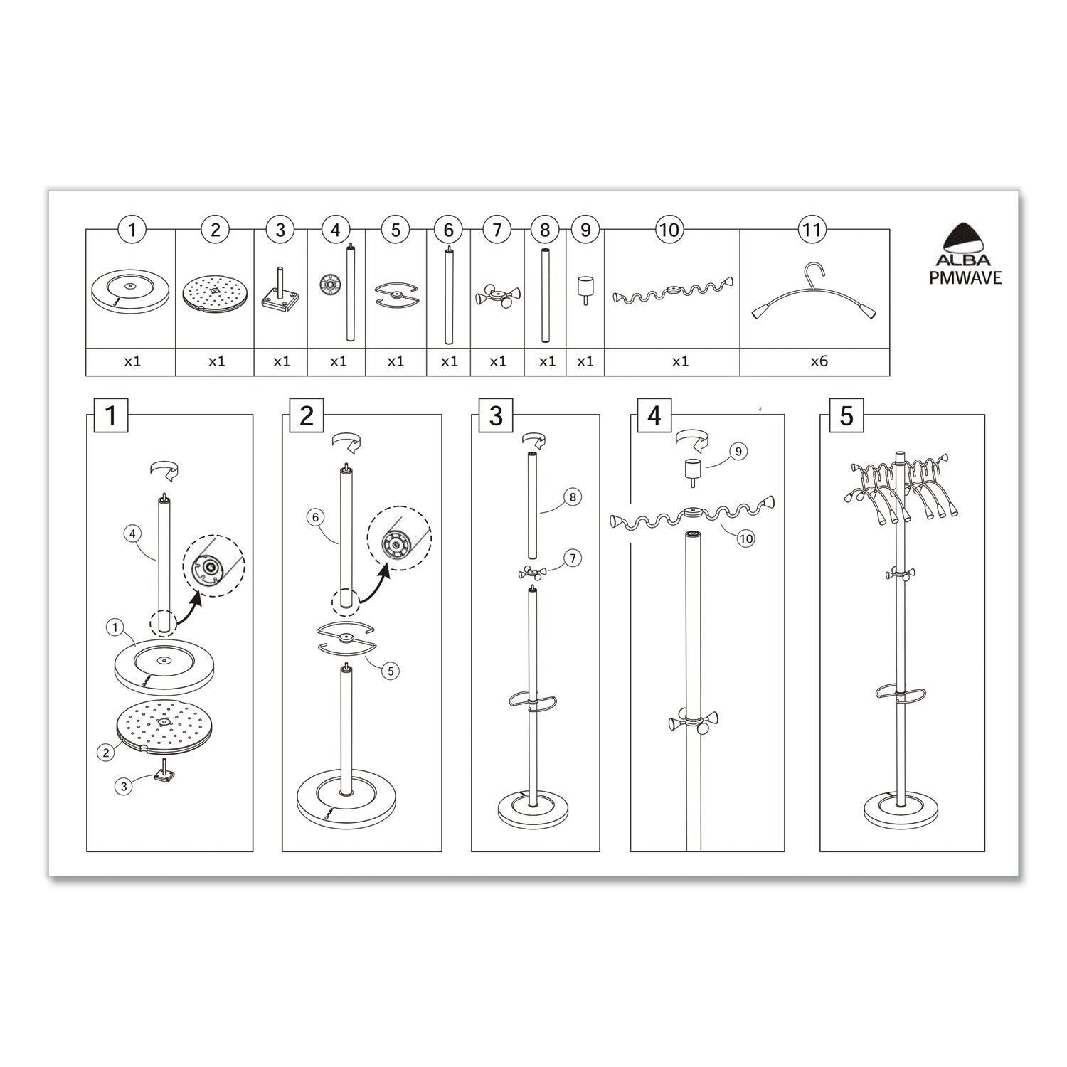 Alba™ Wavy Coat Tree, Six Hangers/Two Knobs/Four Hooks, 18.88w x 14d x 68.5h, Silver/Wood