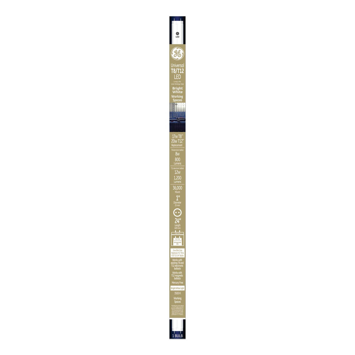 GE T8 LED Tube | 24" 8W | Bright White | 6-Pack