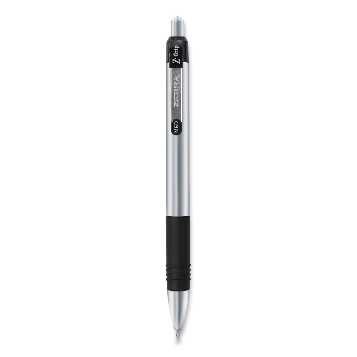 Zebra® Z-Grip Metal Ballpoint Pen, Retractable, Medium 1 mm, Black Ink, Silver/Black Barrel, 12/Pack