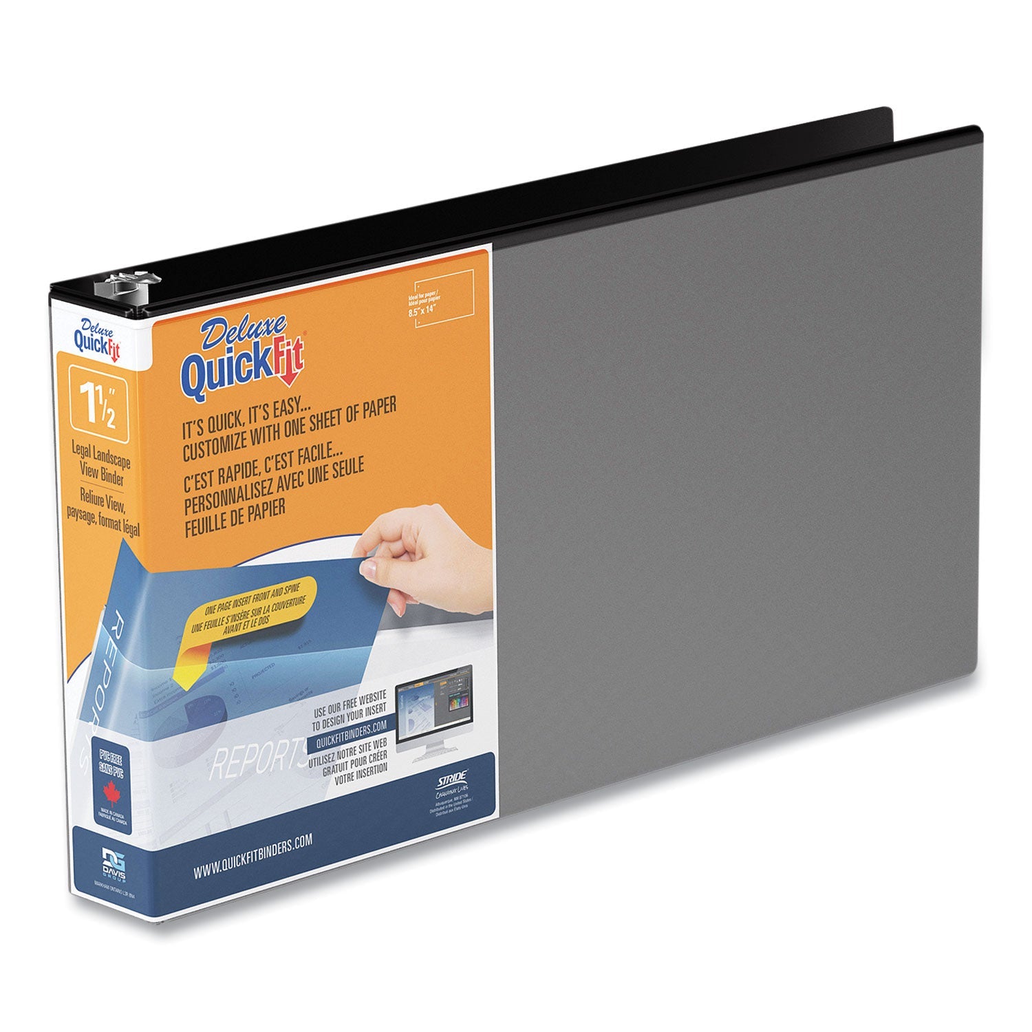 Stride Quickfit Landscape Spreadsheet Round Ring View Binder, 3 Rings, 1.5" Capacity, 14 X 8.5, Black