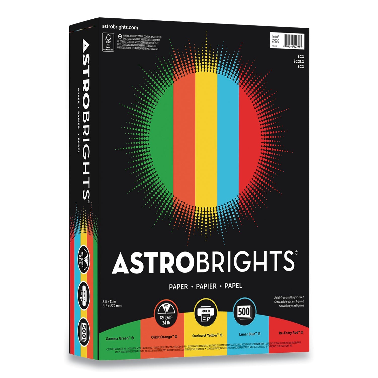 Astrobrights® Color Paper, 24 lb Bond Weight, 8.5 x 11, Assorted Eco Colors, 500 Sheets/Ream