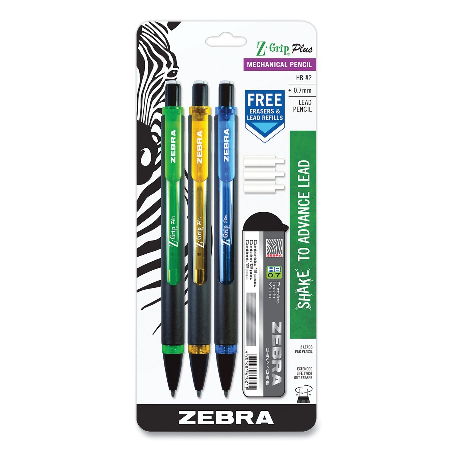 Zebra® Z-Grip Plus Mechanical Pencil, 0.7 Mm, Hb (#2), Black Lead, Assorted Barrel Colors, 3/pack