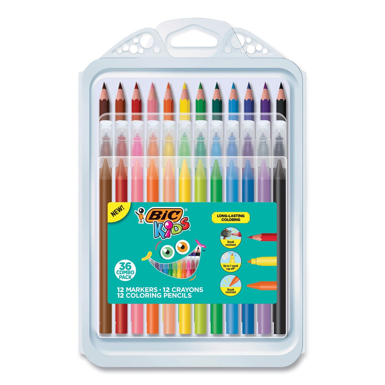 BIC® Kids Coloring Combo Pack In Durable Case, 12 Each: Colored Pencils, Crayons, Markers