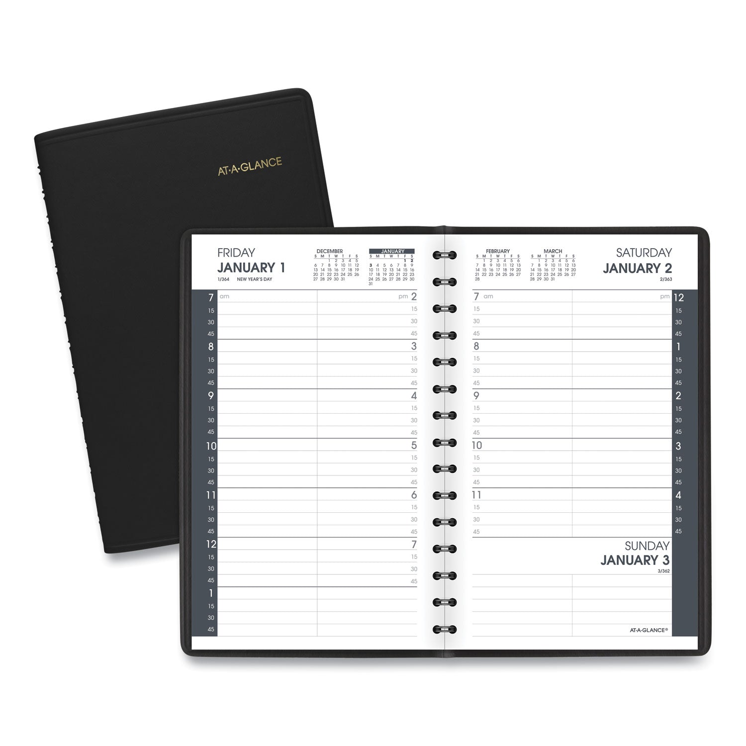 AT-A-GLANCE® Daily Appointment Book with 15-Minute Appointments, One Day/Page: Mon to Sun, 8 x 5, Black Cover, 12-Month (Jan to Dec): 2025