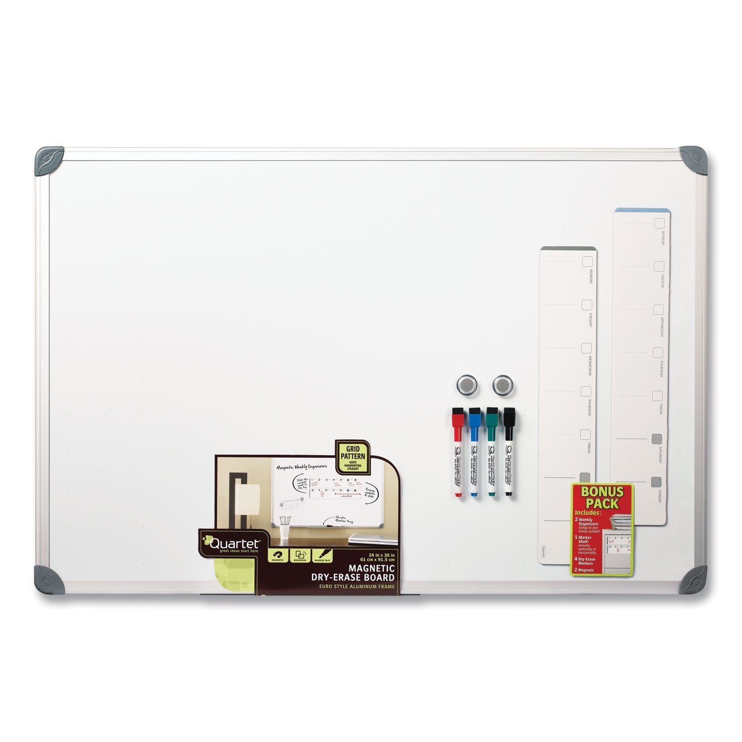 Quartet® Euro-Style Magnetic Dry-Erase Aluminum Frame Boards, 36" x 24", White Surface, Satin Aluminum Frame