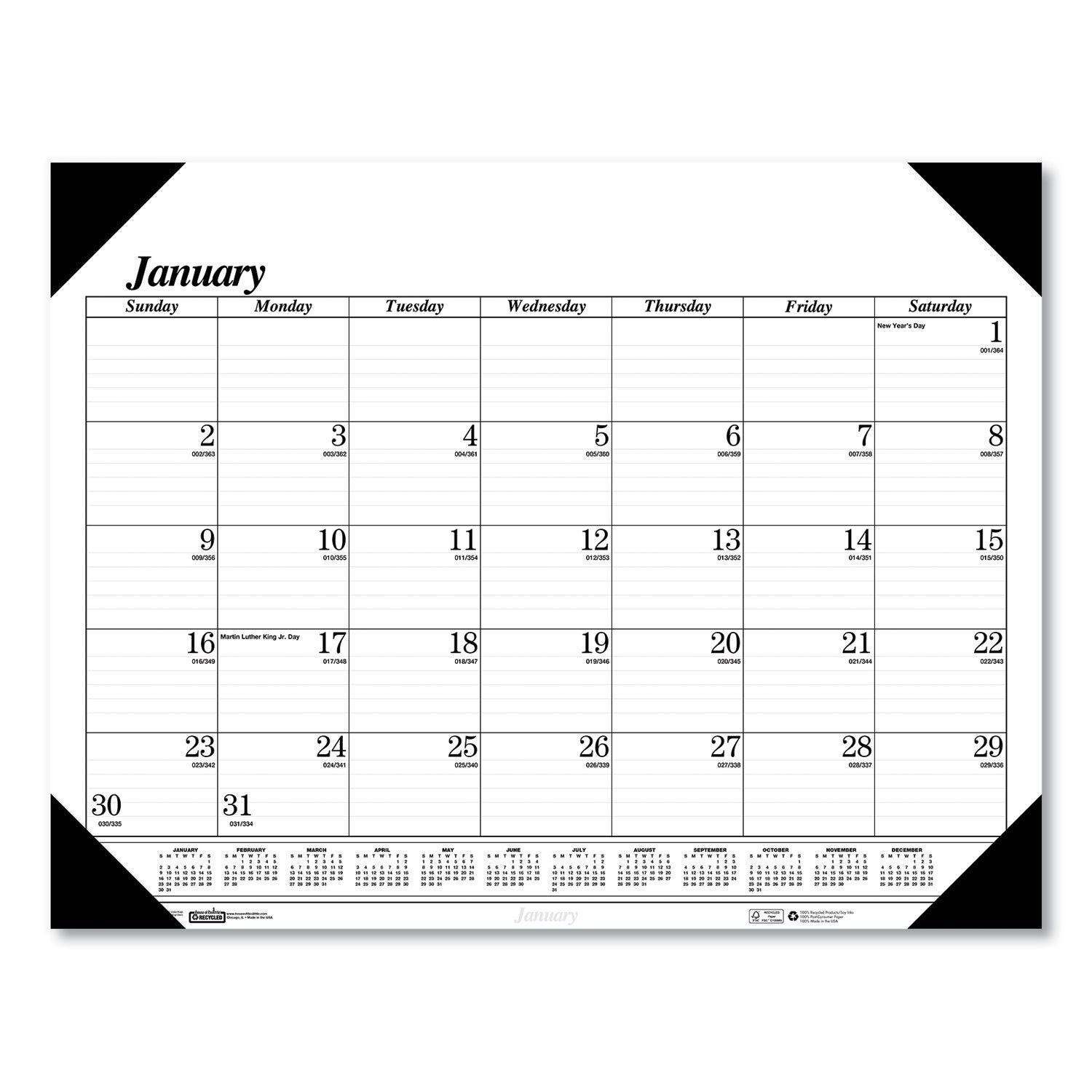 House of Doolittle™ Recycled One-Color Dated Monthly Desk Pad Calendar, 18.5 x 13, White Sheets, Black Binding/Corners,12-Month (Jan-Dec): 2025