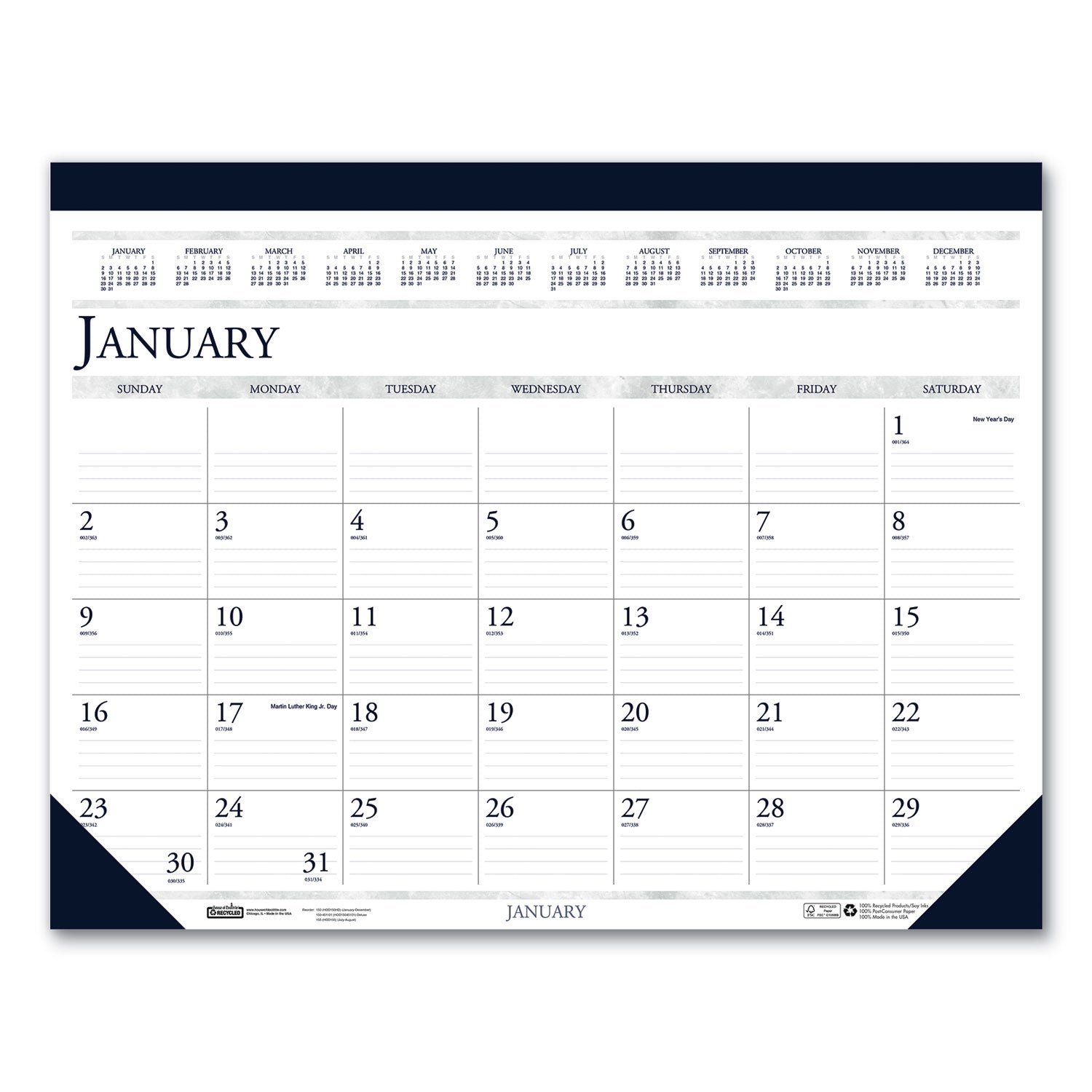 House of Doolittle™ Recycled Two-Color Monthly Desk Pad Calendar, 22 x 17, Perforated White/Blue/Gray Sheets, 12-Month (Jan-Dec): 2025