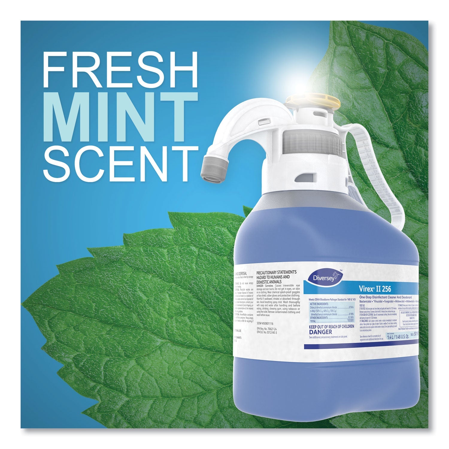Diversey™ Virex Ii 256 One-Step Disinfectant Cleaner Deodorant, Mint, 1.4l, 2 Bottles/ct