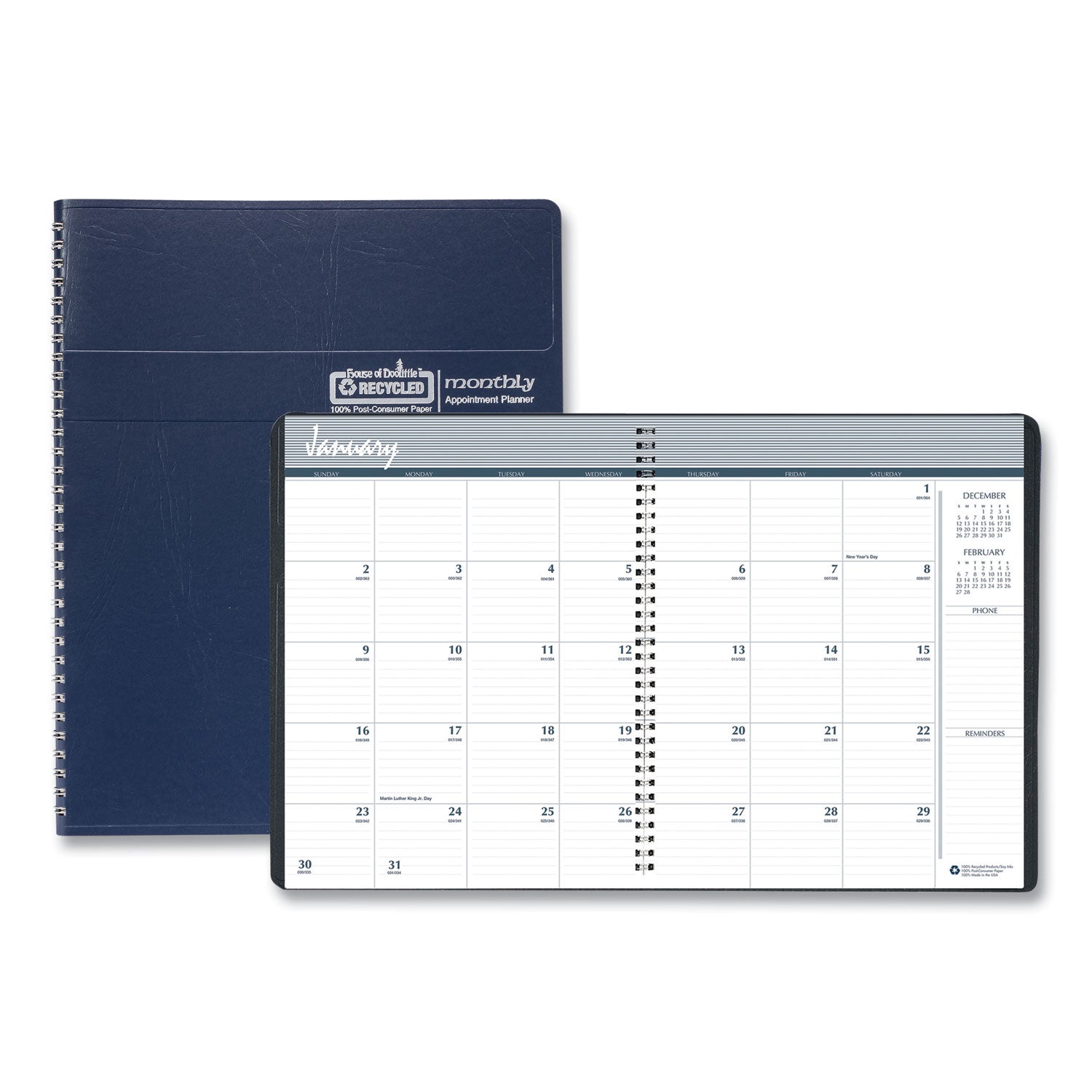 House of Doolittle™ 14-Month Recycled Ruled Monthly Planner, 11 x 8.5, Blue Cover, 14-Month: Dec 2024 to Jan 2026 - Bloom Skins