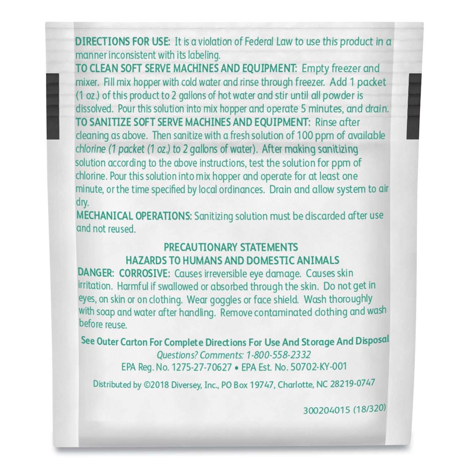 Diversey™ Sani Sure Soft Serve Sanitizer and Cleaner, Powder, 1 oz Packet, 100/Carton