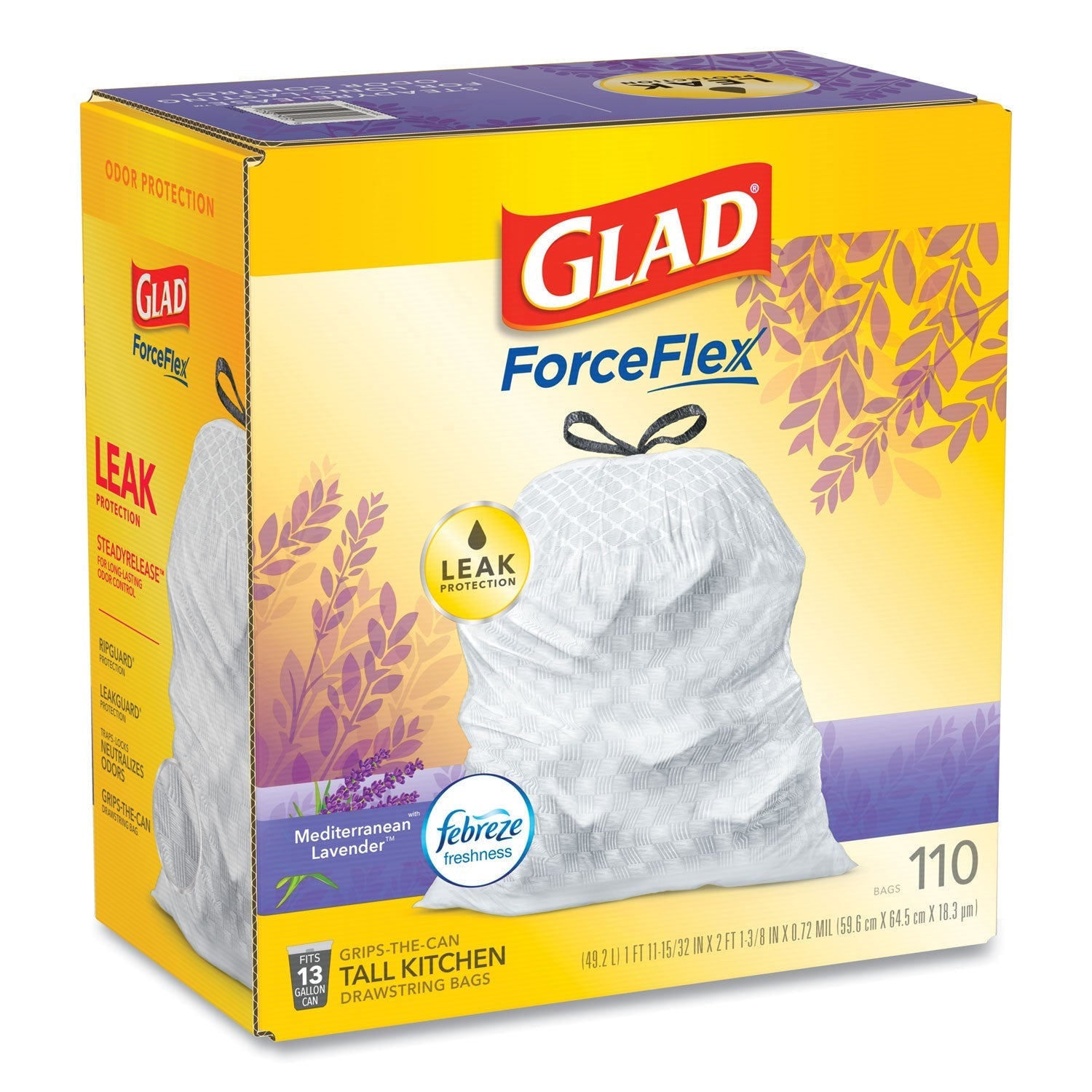 Glad® Glad OdorShield with Febreze, Drawstring, 13 gal, Mediterranean Lavender Scent, 10.18" x 9.81", White, 110/Box