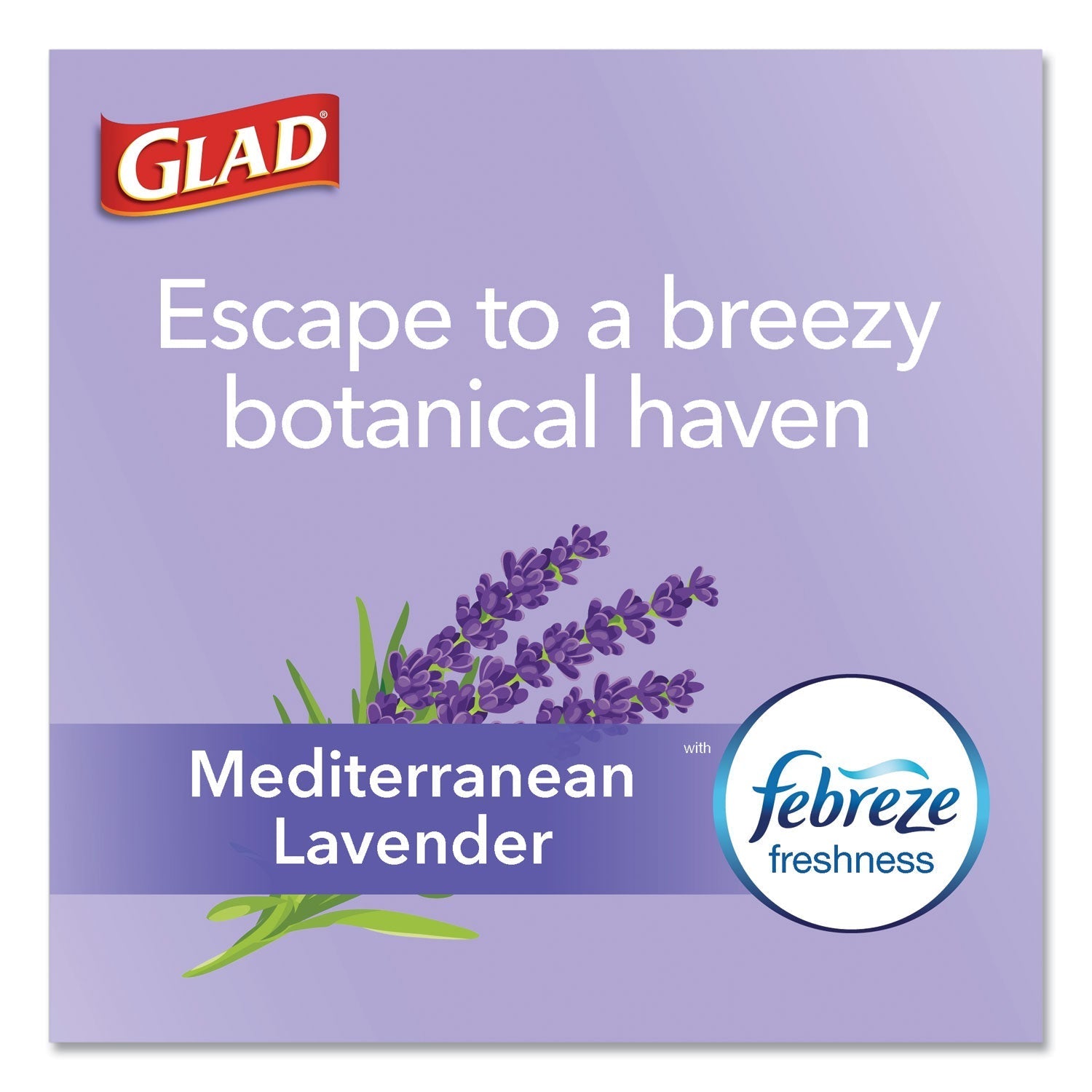 Glad® Glad OdorShield with Febreze, Drawstring, 13 gal, Mediterranean Lavender Scent, 10.18" x 9.81", White, 110/Box