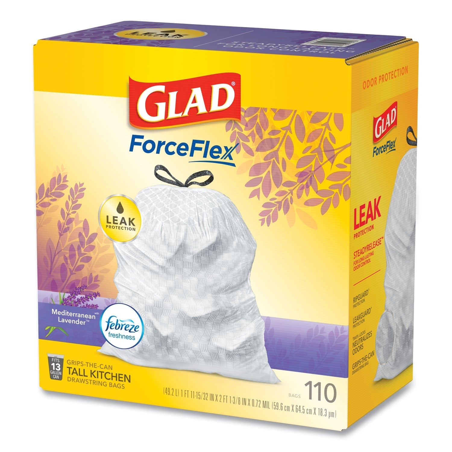 Glad® Glad OdorShield with Febreze, Drawstring, 13 gal, Mediterranean Lavender Scent, 10.18" x 9.81", White, 110/Box