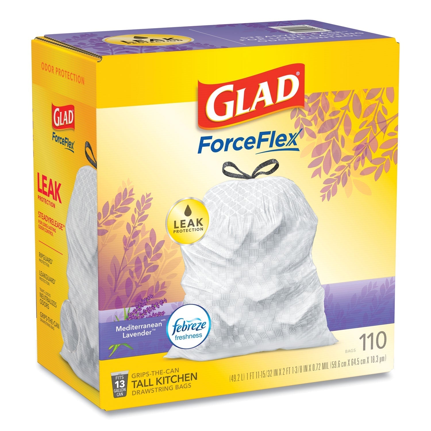 Glad® Glad OdorShield with Febreze, Drawstring, 13 gal, Mediterranean Lavender Scent, 10.18" x 9.81", White, 110/Box