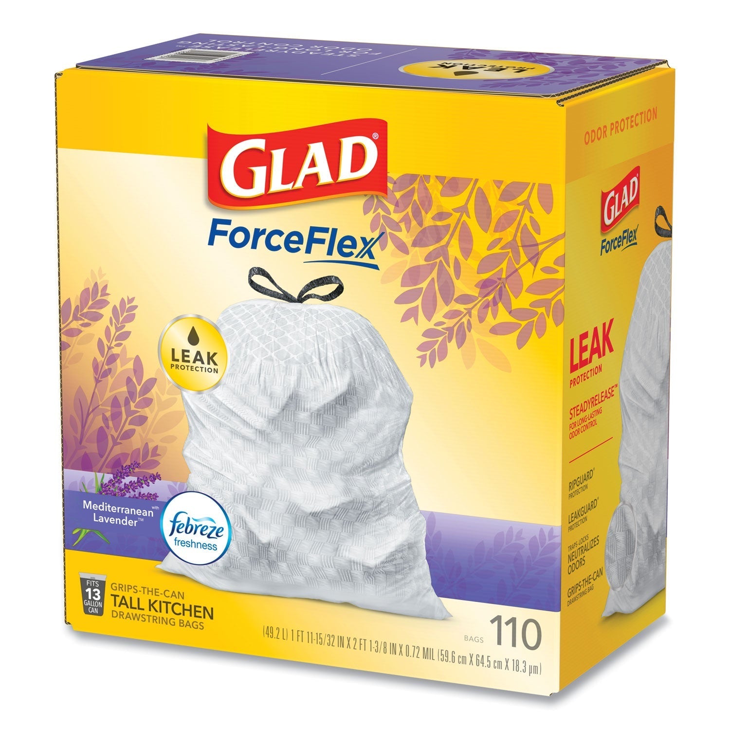 Glad® Glad OdorShield with Febreze, Drawstring, 13 gal, Mediterranean Lavender Scent, 10.18" x 9.81", White, 110/Box