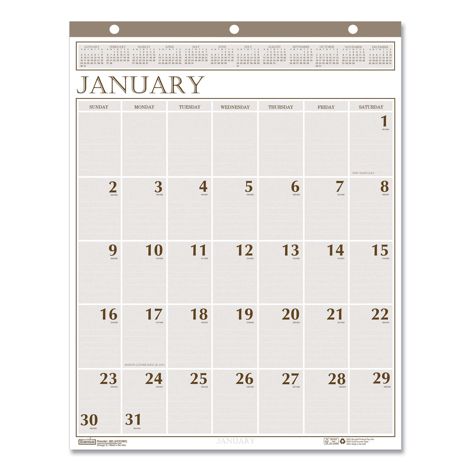 House of Doolittle™ Large Print Recycled Monthly Wall Calendar, 20 x 26, Beige Sheets, 12-Month (Jan to Dec): 2025