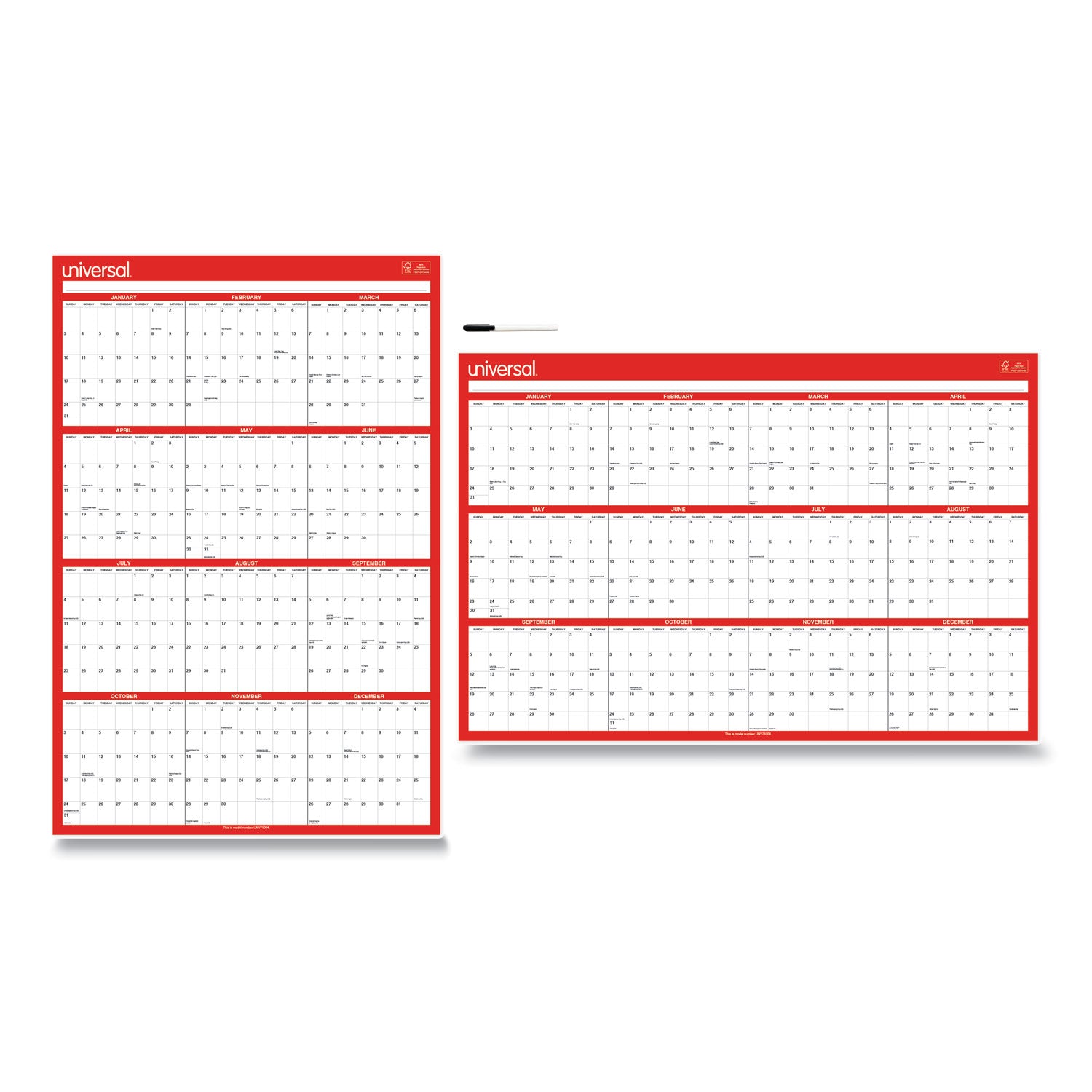 Universal® Erasable Wall Calendar, 24 x 36, White/Red Sheets, 12-Month (Jan to Dec): 2025 - Bloom Skins