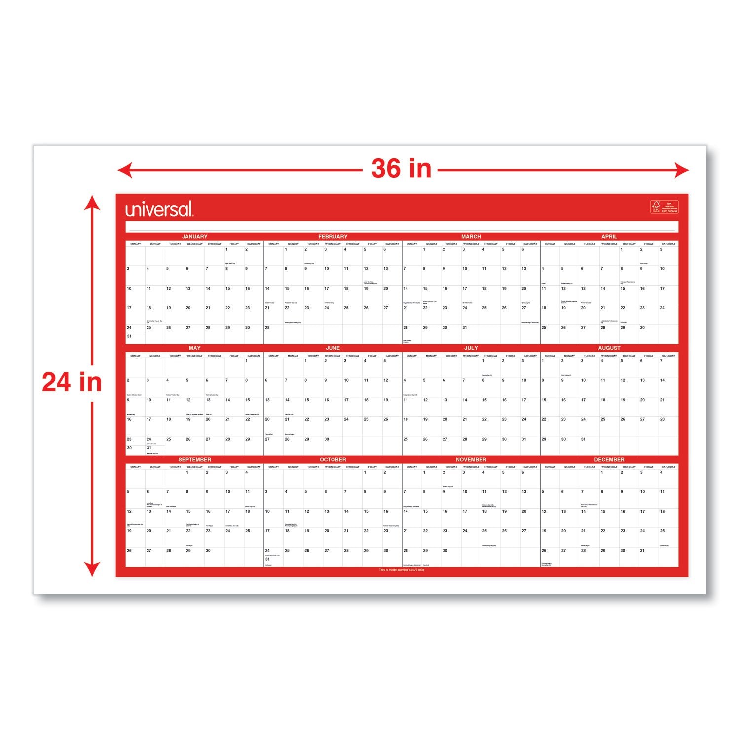 Universal® Erasable Wall Calendar, 24 x 36, White/Red Sheets, 12-Month (Jan to Dec): 2025 - Bloom Skins