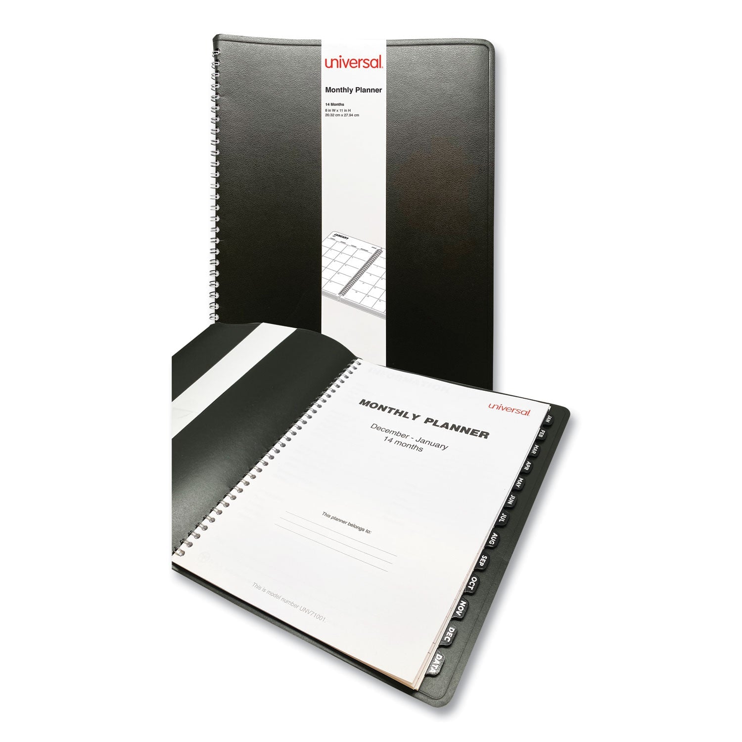 Universal® Monthly Planner, 11 x 8, Black Cover, 14-Month: Dec 2024 to Jan 2026