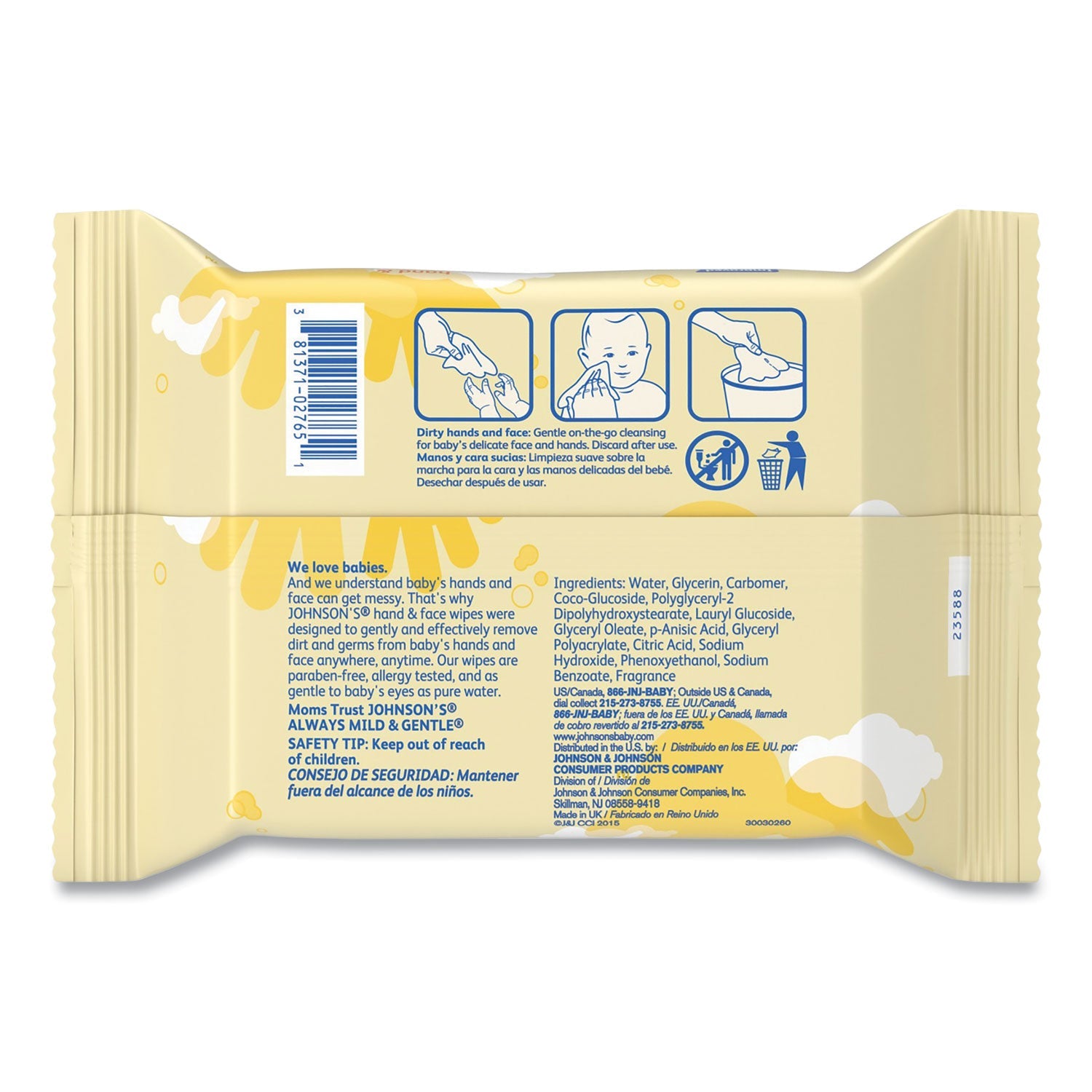 Johnson & Johnson® Hand and Body Wipes, Travel Pack, 1-Ply, Nonwoven Fiber, 7.3 x 7.5, Unscented, White, 25 Wipes/Pack