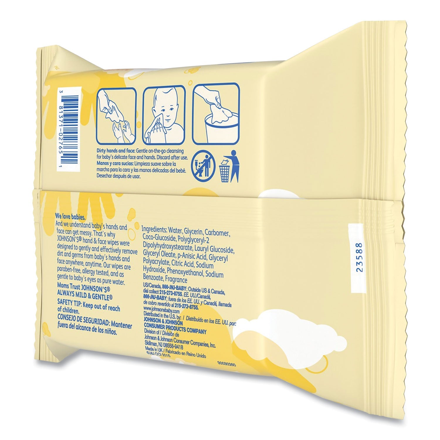 Johnson & Johnson® Hand and Body Wipes, Travel Pack, 1-Ply, Nonwoven Fiber, 7.3 x 7.5, Unscented, White, 25 Wipes/Pack