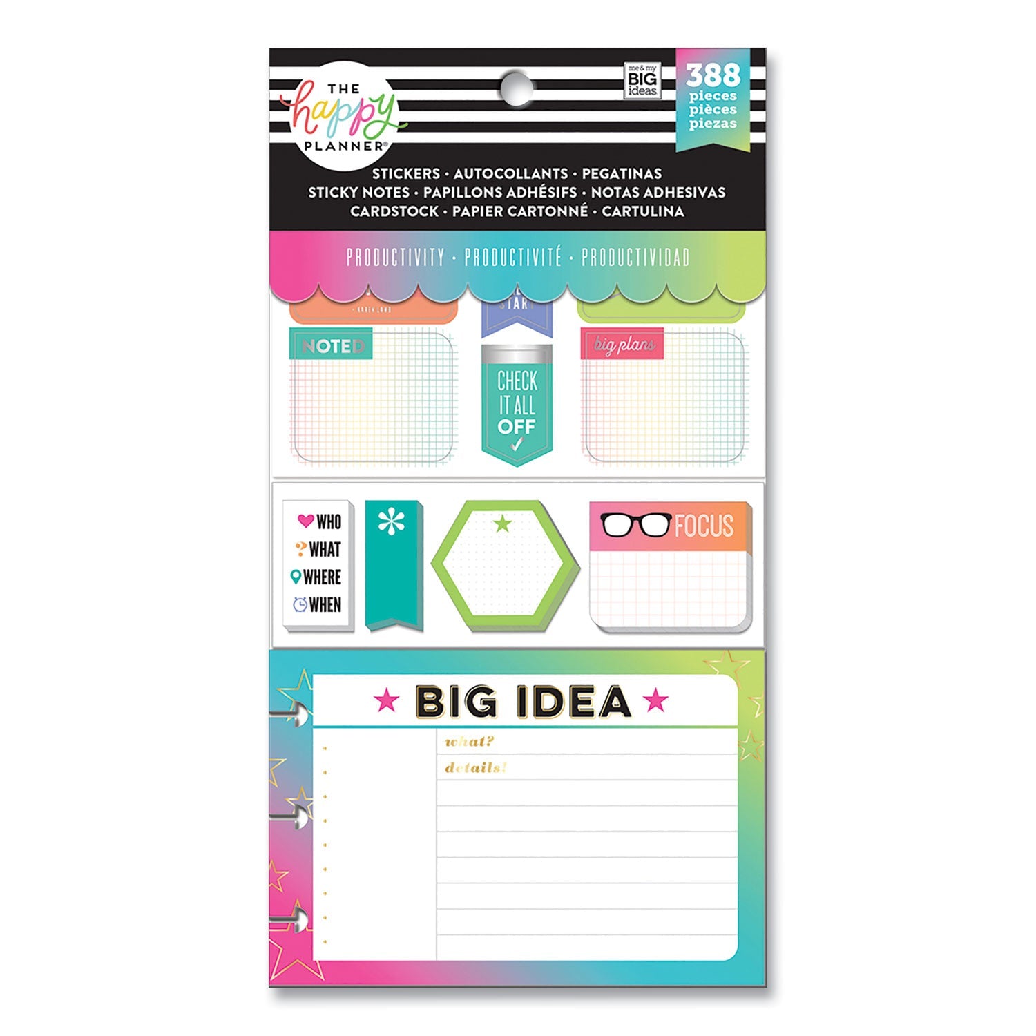 The Happy Planner® Productivity Multi Accessory Pack, 20 Double-Sided Pre-Punched Cards, 20 Half-Sheet Stickers, 3 Sticky Note Pads - Bloom Skins
