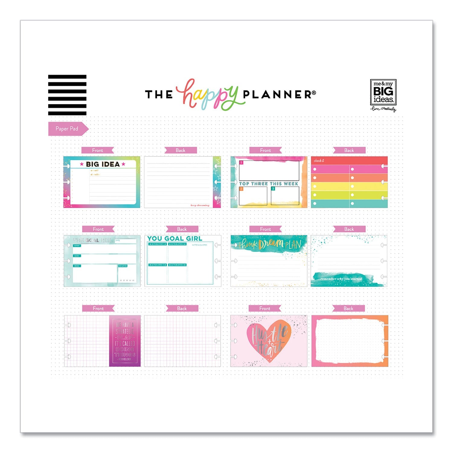 The Happy Planner® Productivity Multi Accessory Pack, 20 Double-Sided Pre-Punched Cards, 20 Half-Sheet Stickers, 3 Sticky Note Pads - Bloom Skins