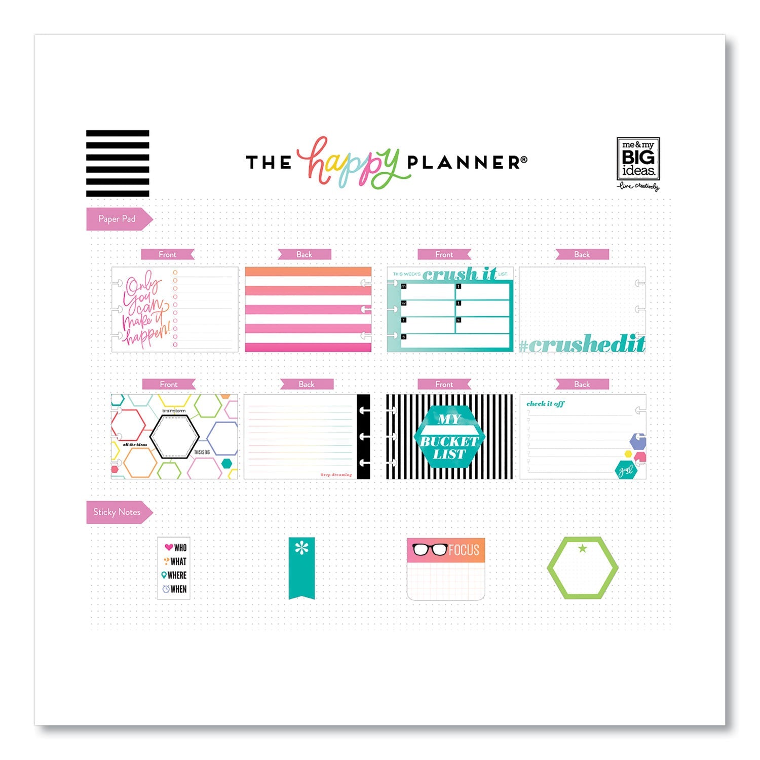 The Happy Planner® Productivity Multi Accessory Pack, 20 Double-Sided Pre-Punched Cards, 20 Half-Sheet Stickers, 3 Sticky Note Pads - Bloom Skins