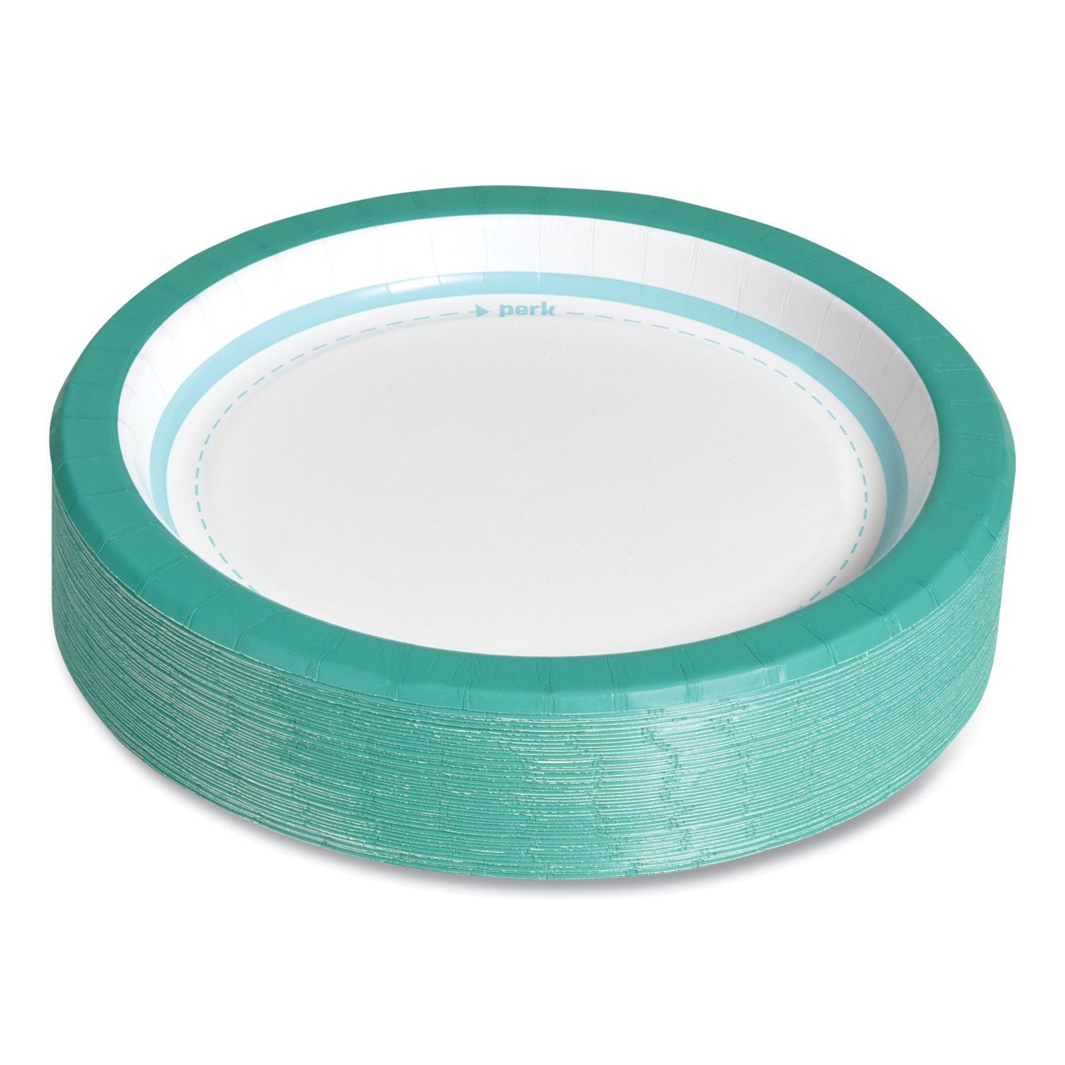 Perk™ Everyday Paper Plates, 8.5" Dia, White/teal, 125/pack