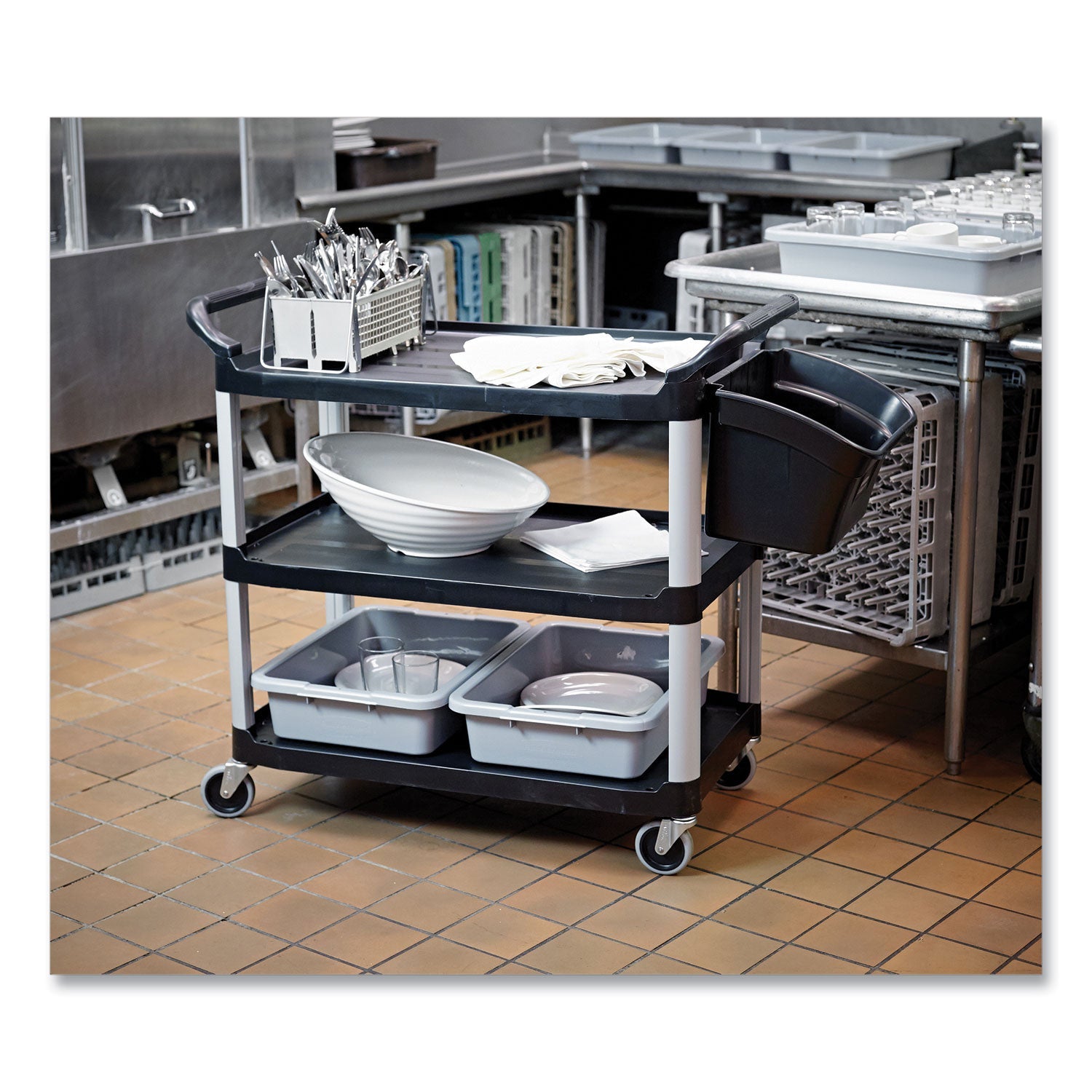 Rubbermaid® Commercial Three-Shelf Service Cart, Plastic, 3 Shelves, 200 lb Capacity, 18.63" x 33.63" x 37.75", Black