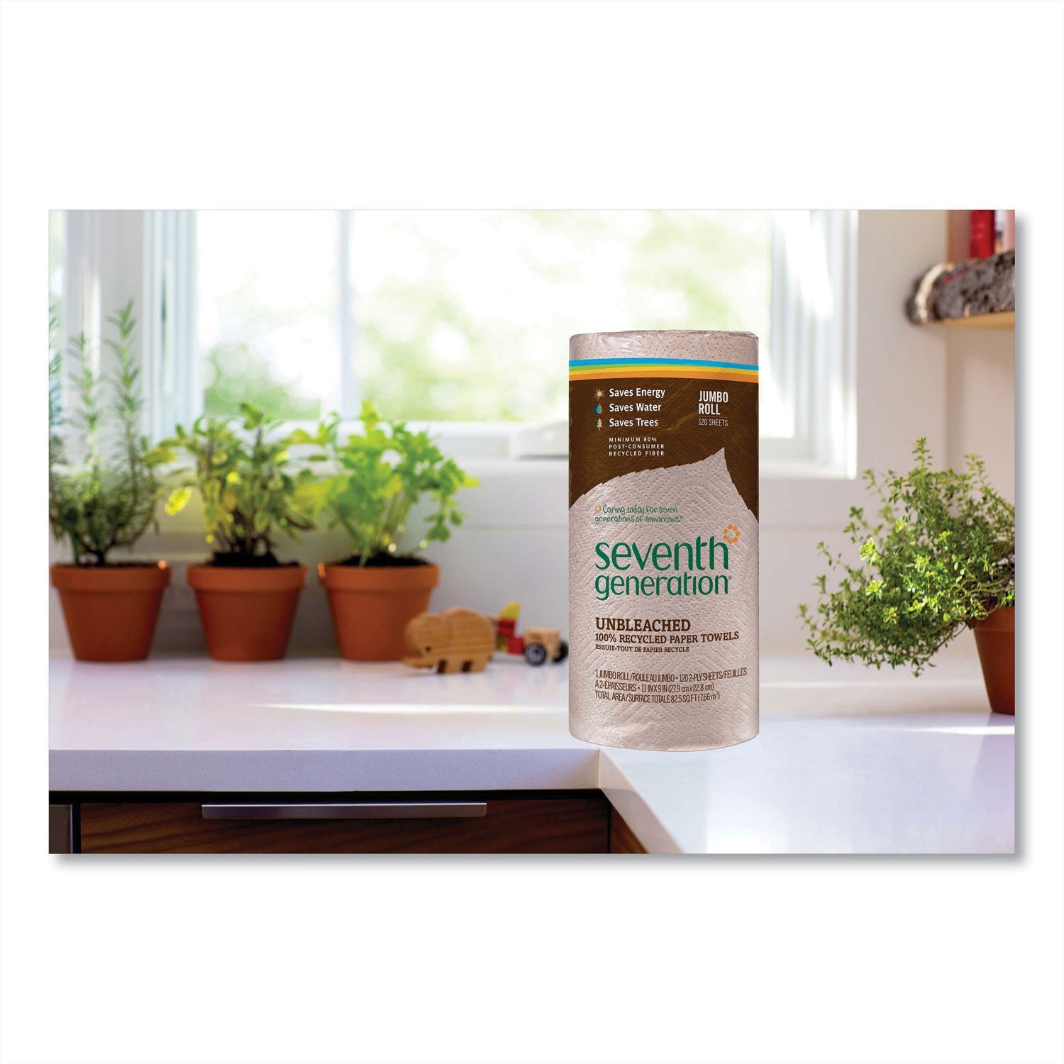 Seventh Generation® Natural Unbleached 100% Recycled Paper Kitchen Towel Rolls, 2-Ply, Individually Wrapped, 11 x 9, 120/Roll, 30 Rolls/Carton