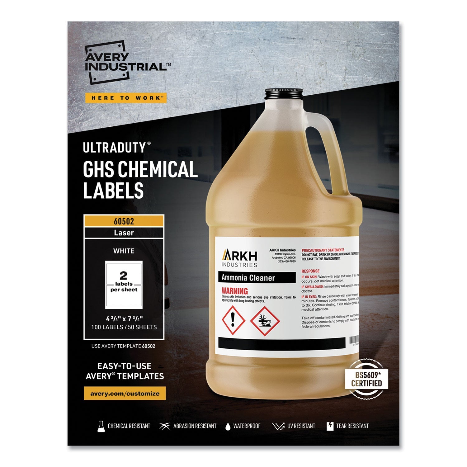 Avery® Ultraduty Ghs Chemical Waterproof And Uv Resistant Labels, 4.75 X 7.75, White, 2/sheet, 50 Sheets/box