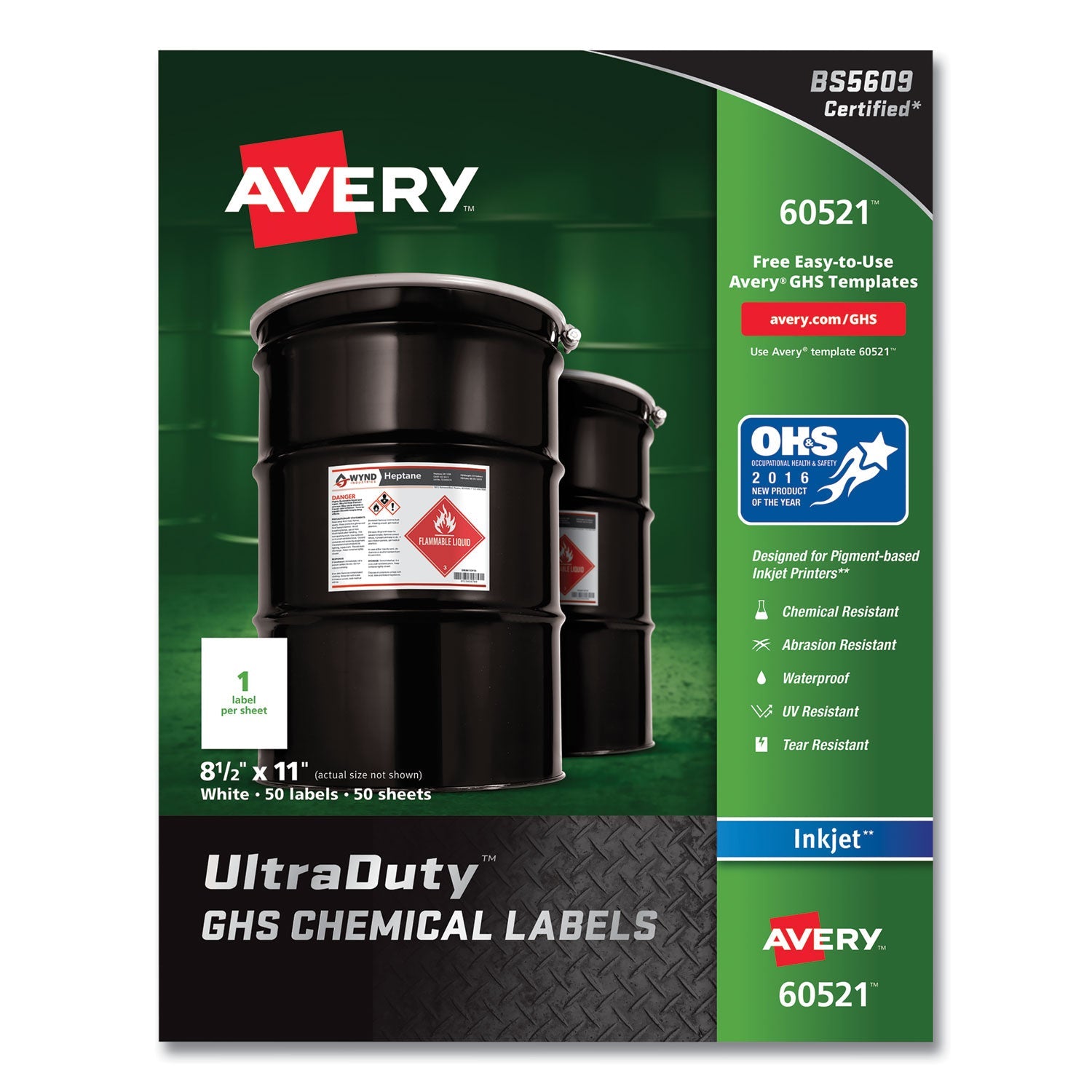 Avery® Ultraduty Ghs Chemical Waterproof And Uv Resistant Labels, 8.5 X 11, White, 50/pack