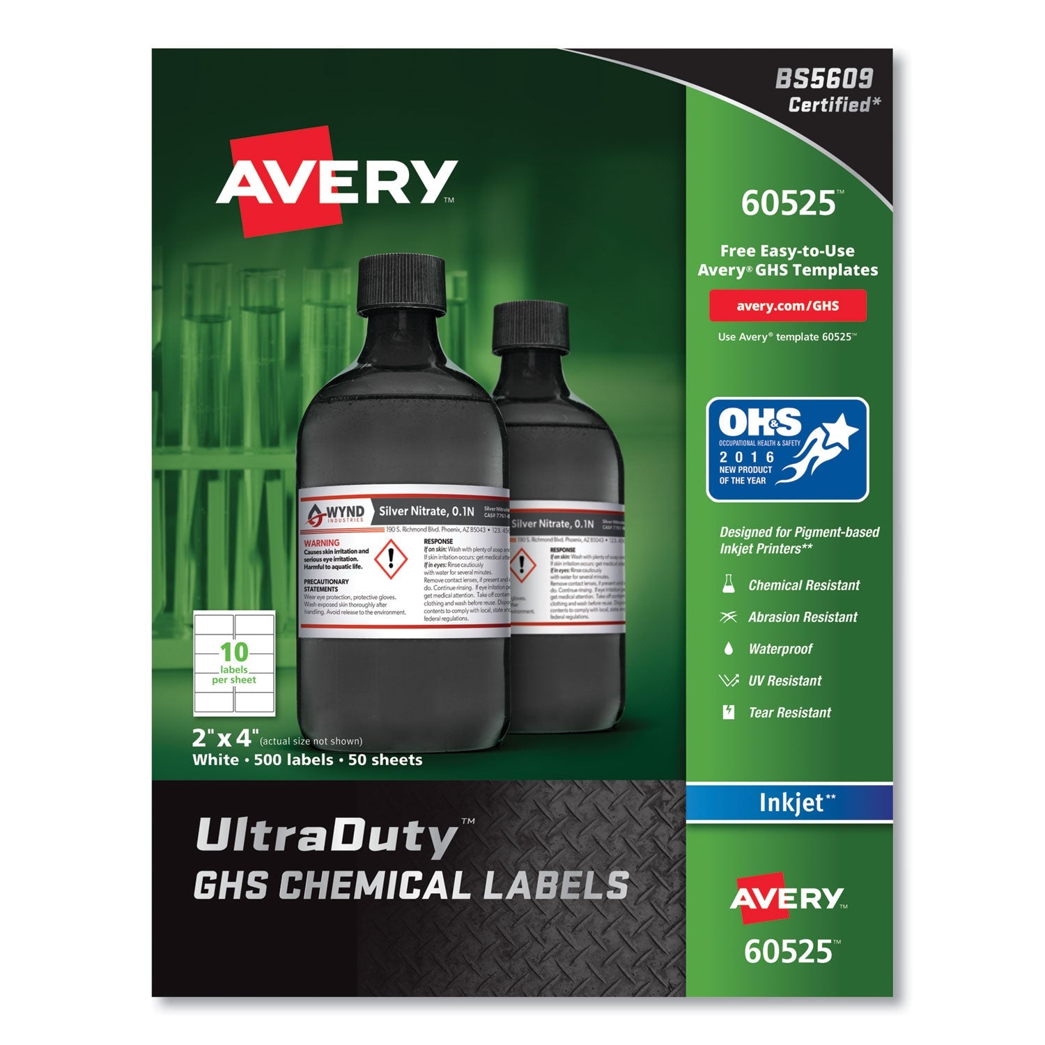 Avery® Ultraduty Ghs Chemical Waterproof And Uv Resistant Labels, 2 X 4, White, 10/sheet, 50 Sheets/pack