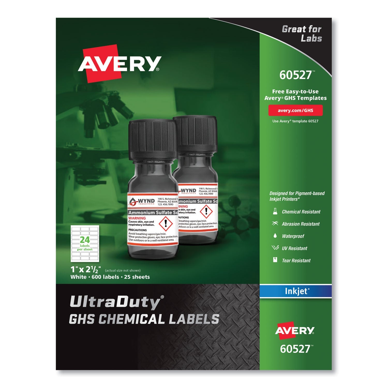Avery® Ultraduty Ghs Chemical Waterproof And Uv Resistant Labels, 1 X 2.5, White, 24/sheet, 25 Sheets/pack