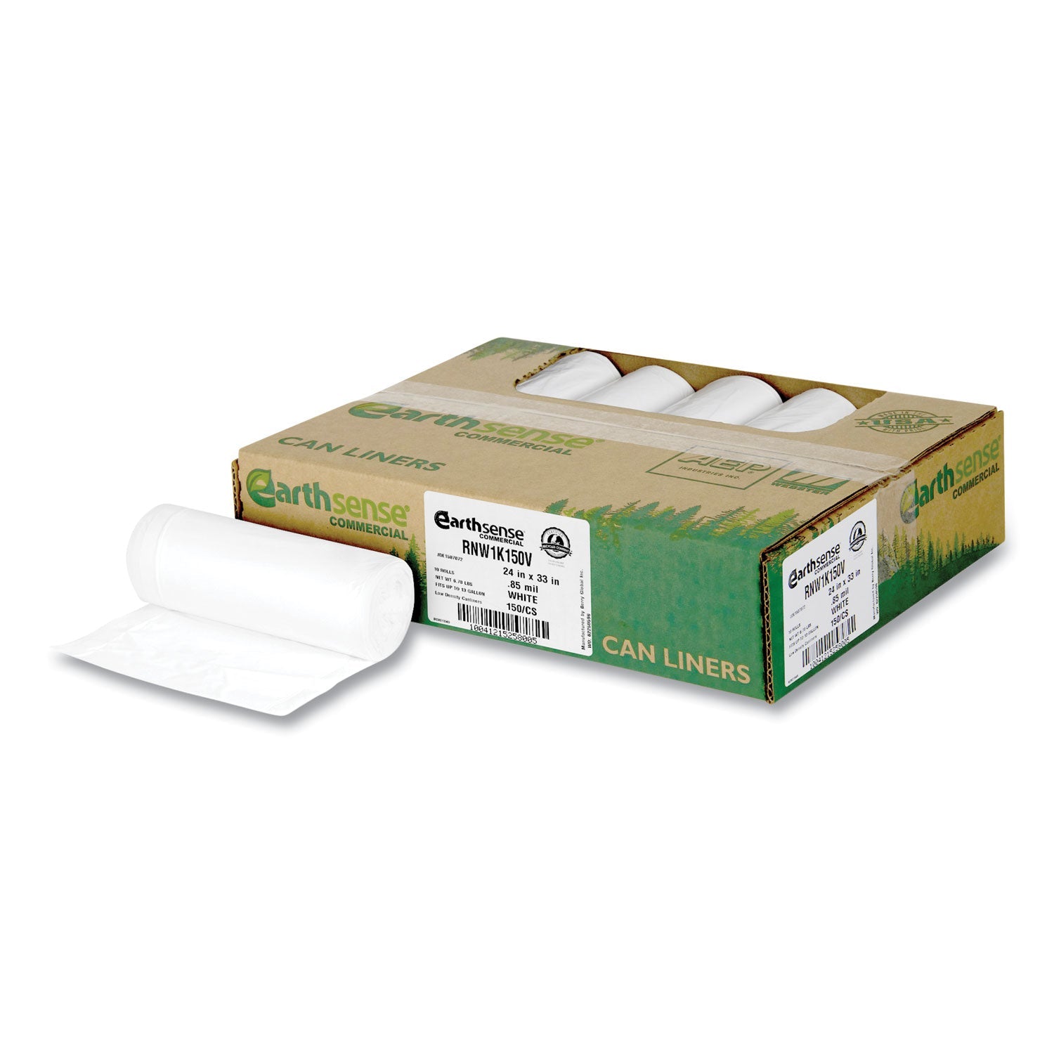 Earthsense® Commercial Linear-Low-Density Recycled Tall Kitchen Bags, Open-Face, 13 gal, 24" x 33", White, 15 Bags/Roll, 10 Rolls/Box